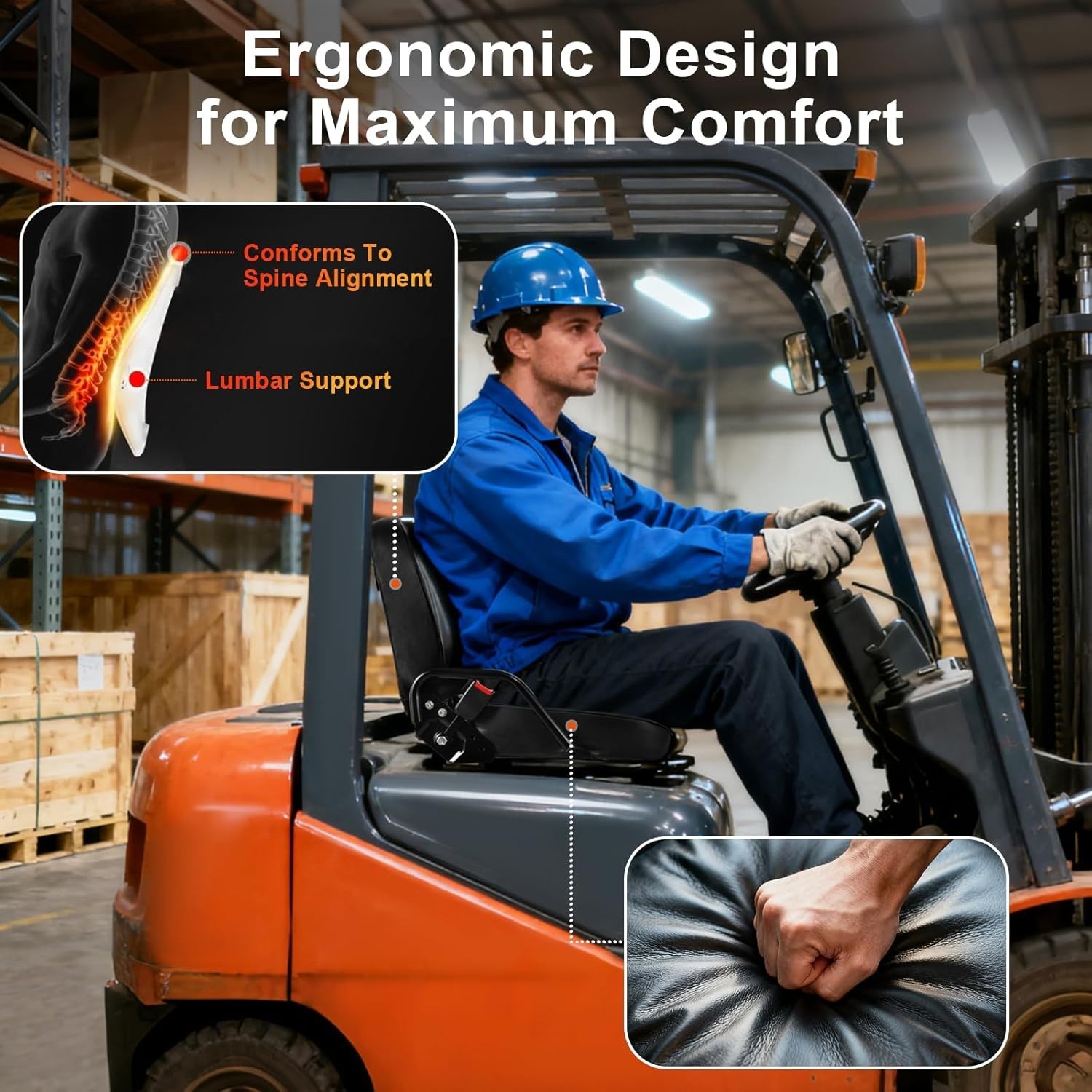 Universal Forklift Seat w/Retractable Belt – Curved Back, Fits Komatsu & More