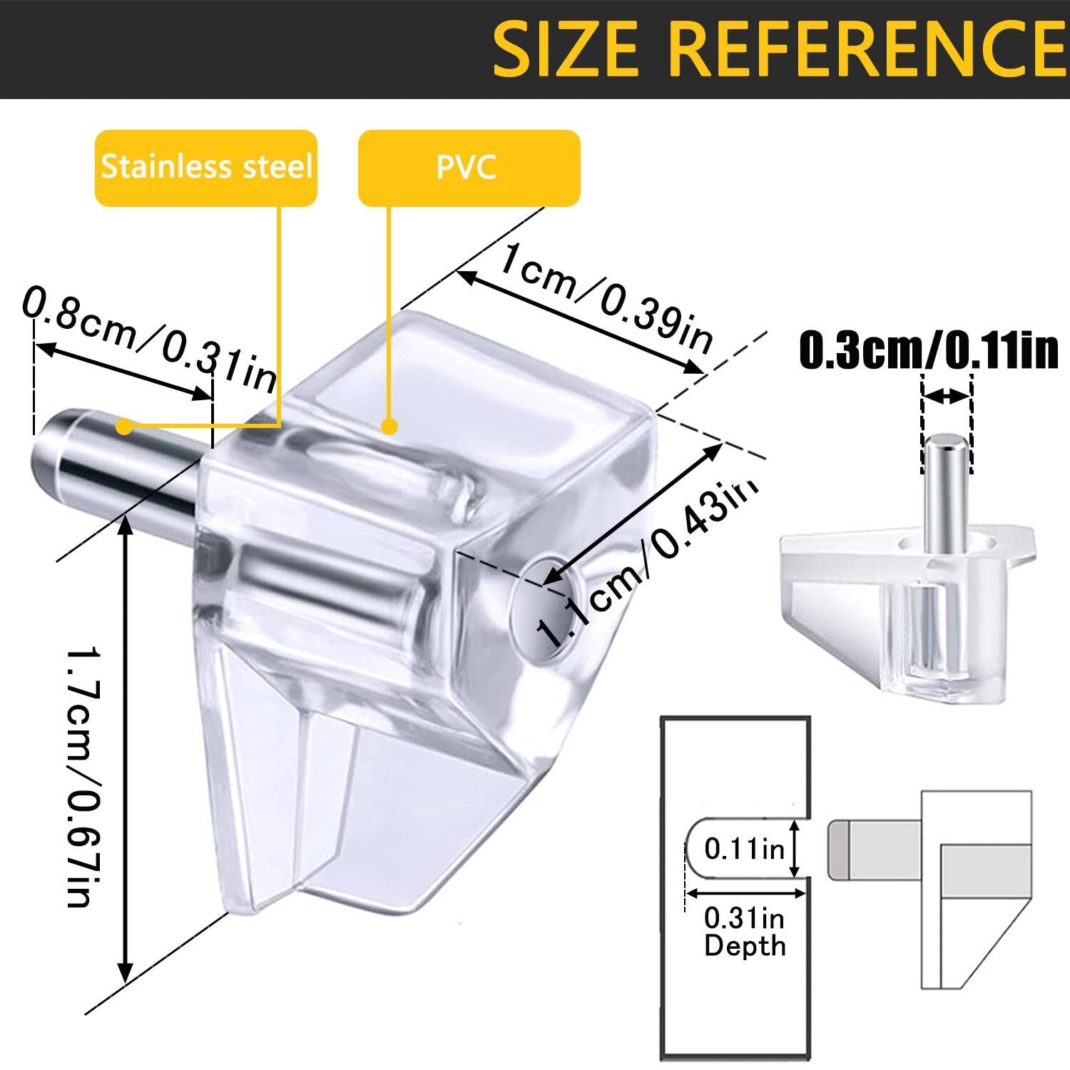 3 Millimeters or 1/8 Inch Shelf Support Peg，Support 3mm, Clear (20 Pieces)