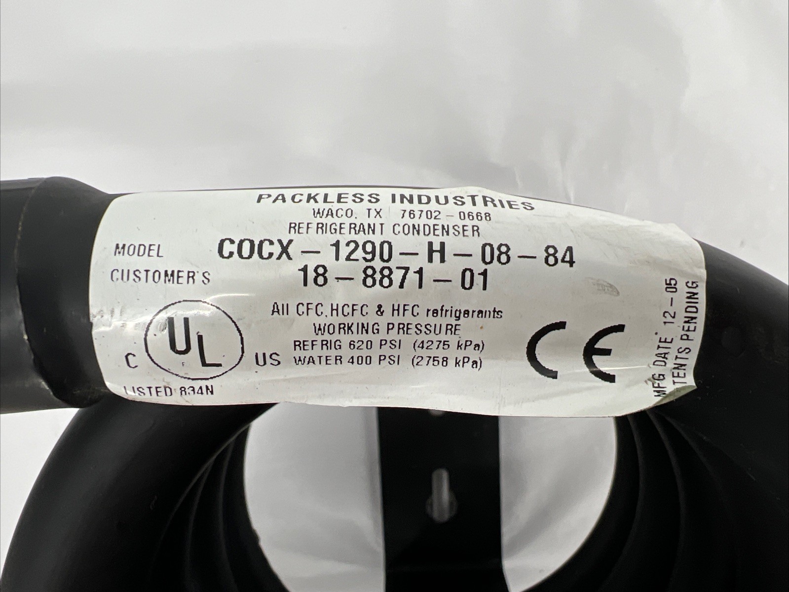 Packless Industries COCX-1290-H-08-84 Refrigerant Condenser,R:620 PSI W:400 PSI