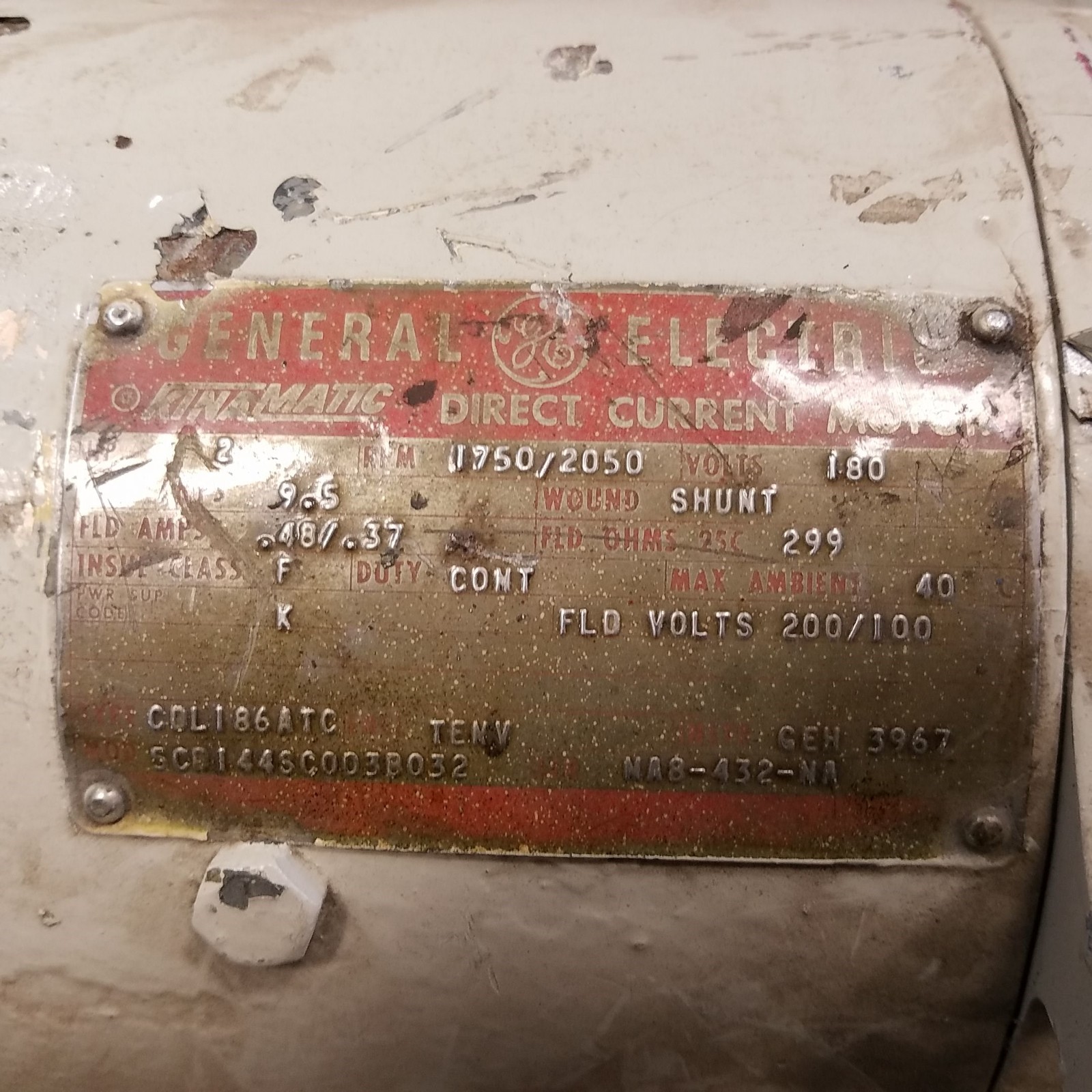 G.E. 5CD144SC003B032 Kinamatic DC Motor 2 HP, 1750/2050 RPM, 180 VDC – USED