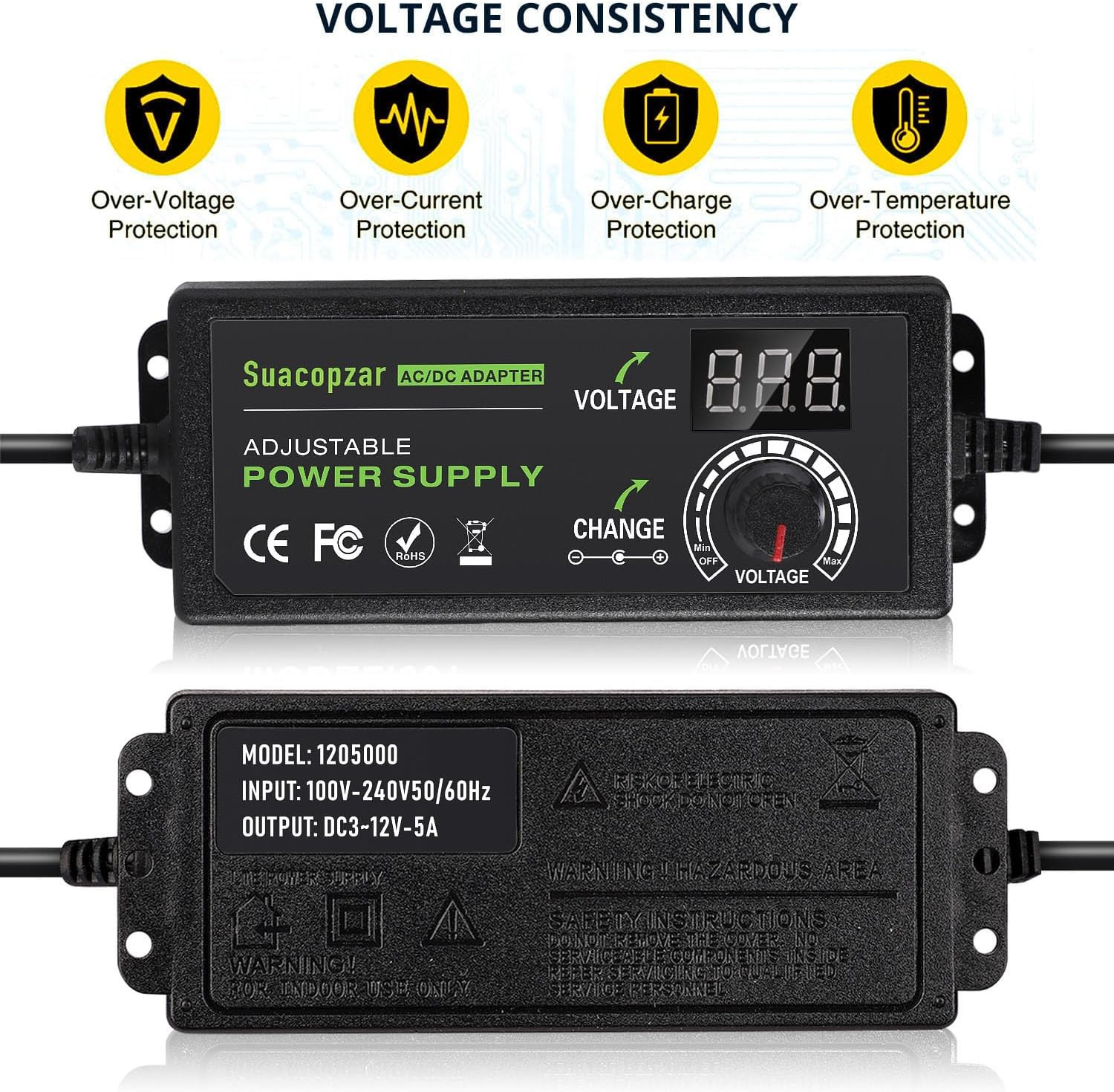 60W Power Supply Adjustable DC 3V ~ 12V 5A, Variable Universal Switching AC/DC A