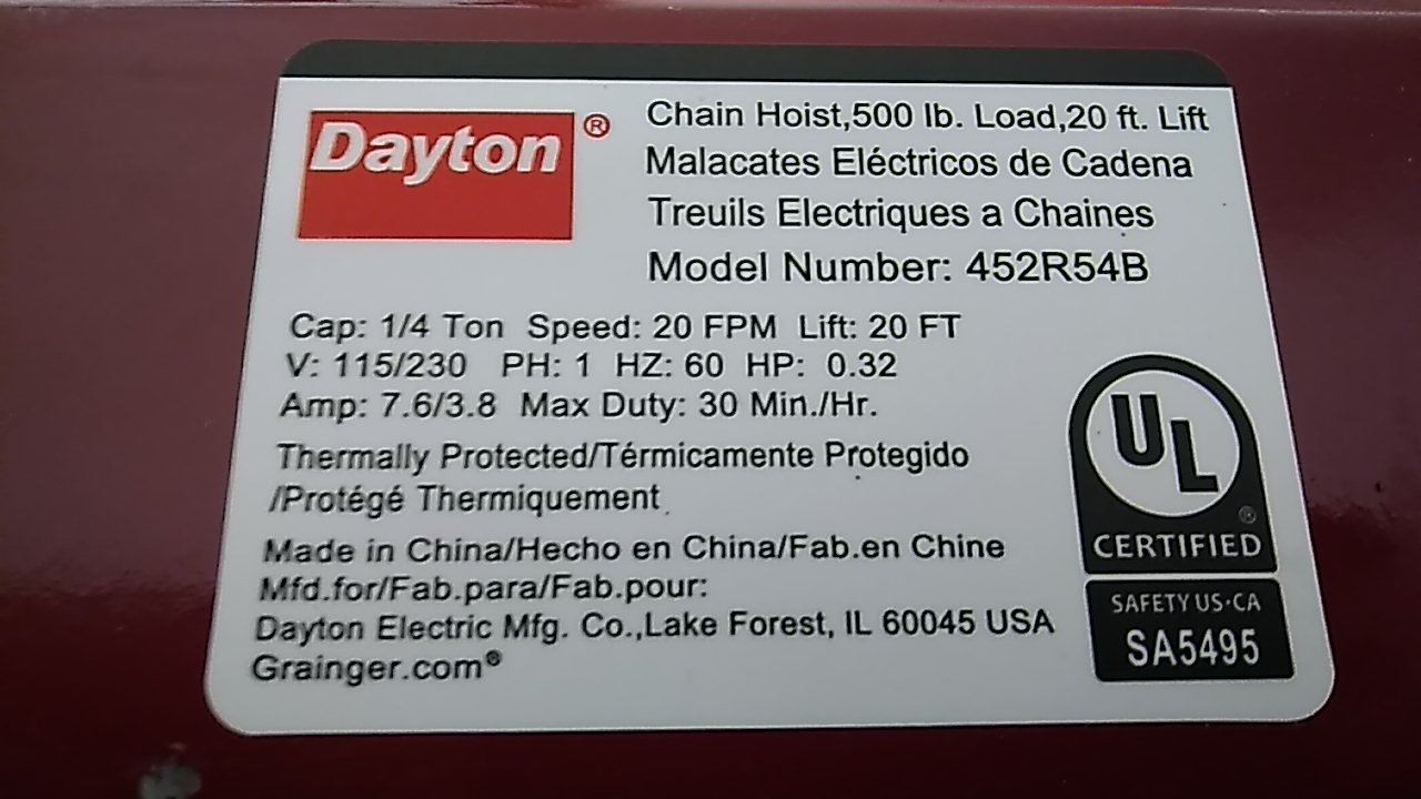 Dayton 452R54B 500 Lb Load Cap 20 Ft Hoist Lift 0.32 HP 115/230V Chain Hoist