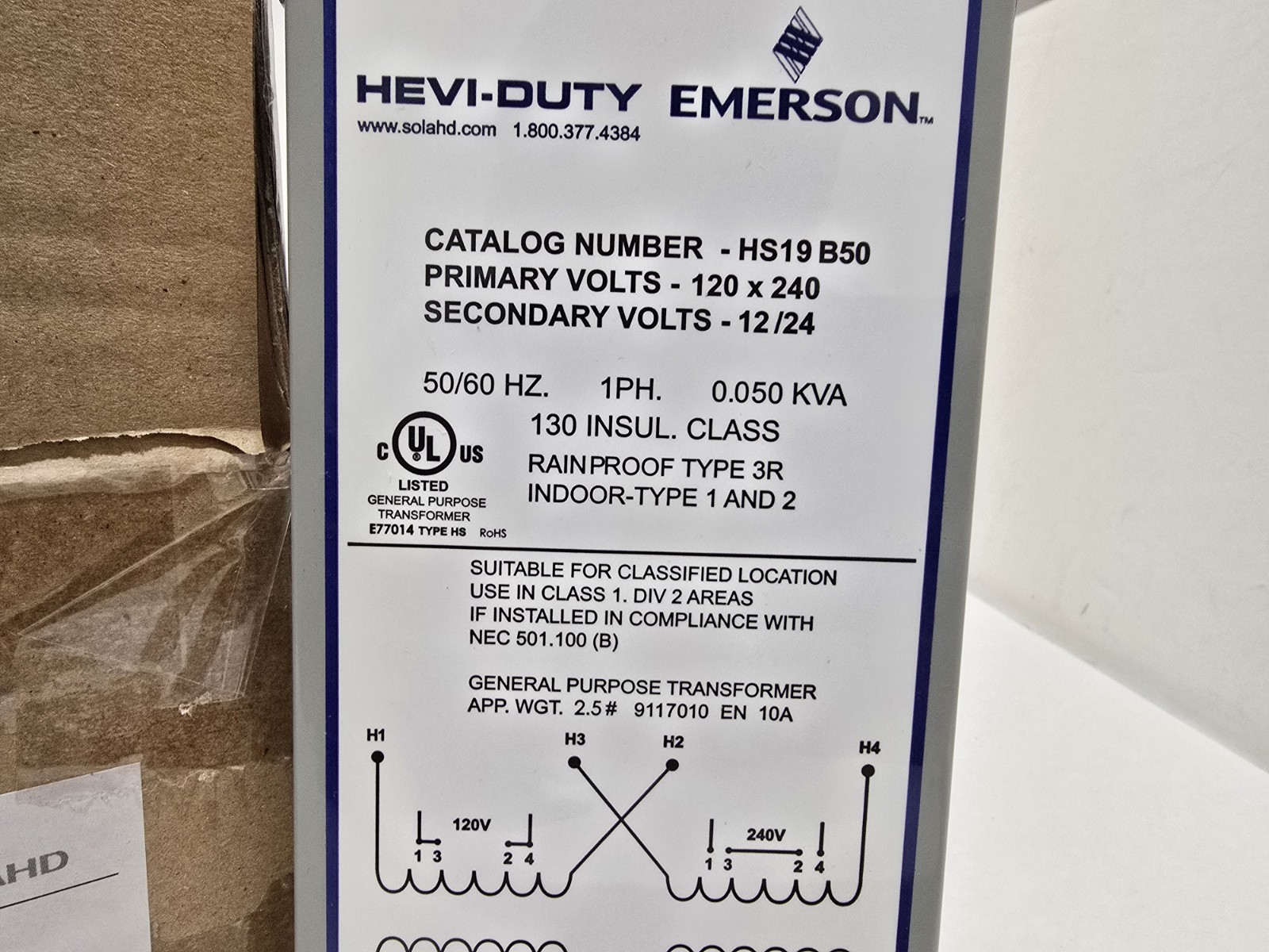 EGS SOLA HEVI-DUTY BUCK BOOST TRANSFORMER HS19B50 0.050KVA 120/240-12/24 V