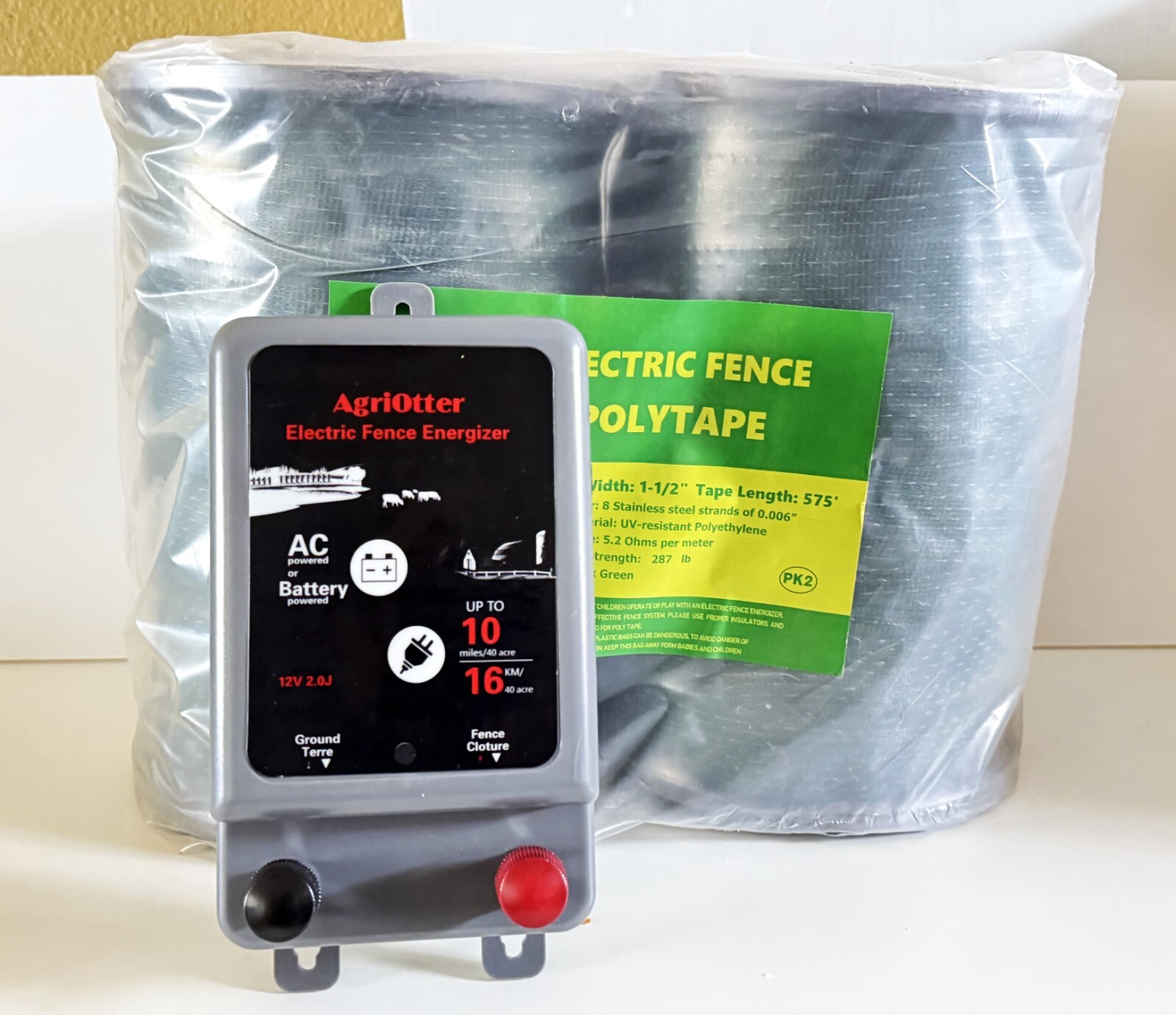 AgriOtter Electric Fence Energizer w/ 2 Spools Electric Fence polytape 1.5″ 575′