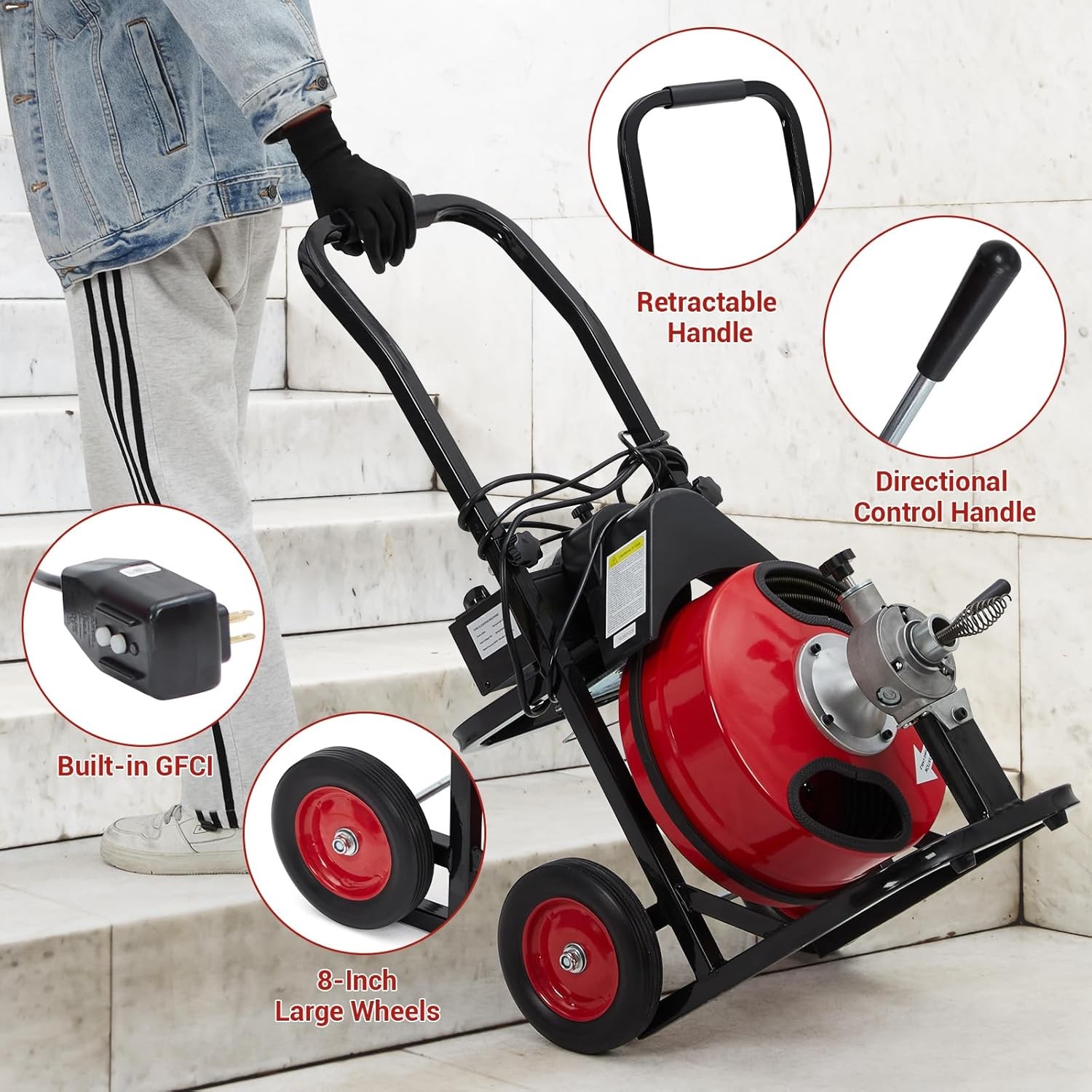 Drain Cleaner Machine Electric Drain Auger 75 FT x 1/2 In Auto Feed w/ 8 Cutters