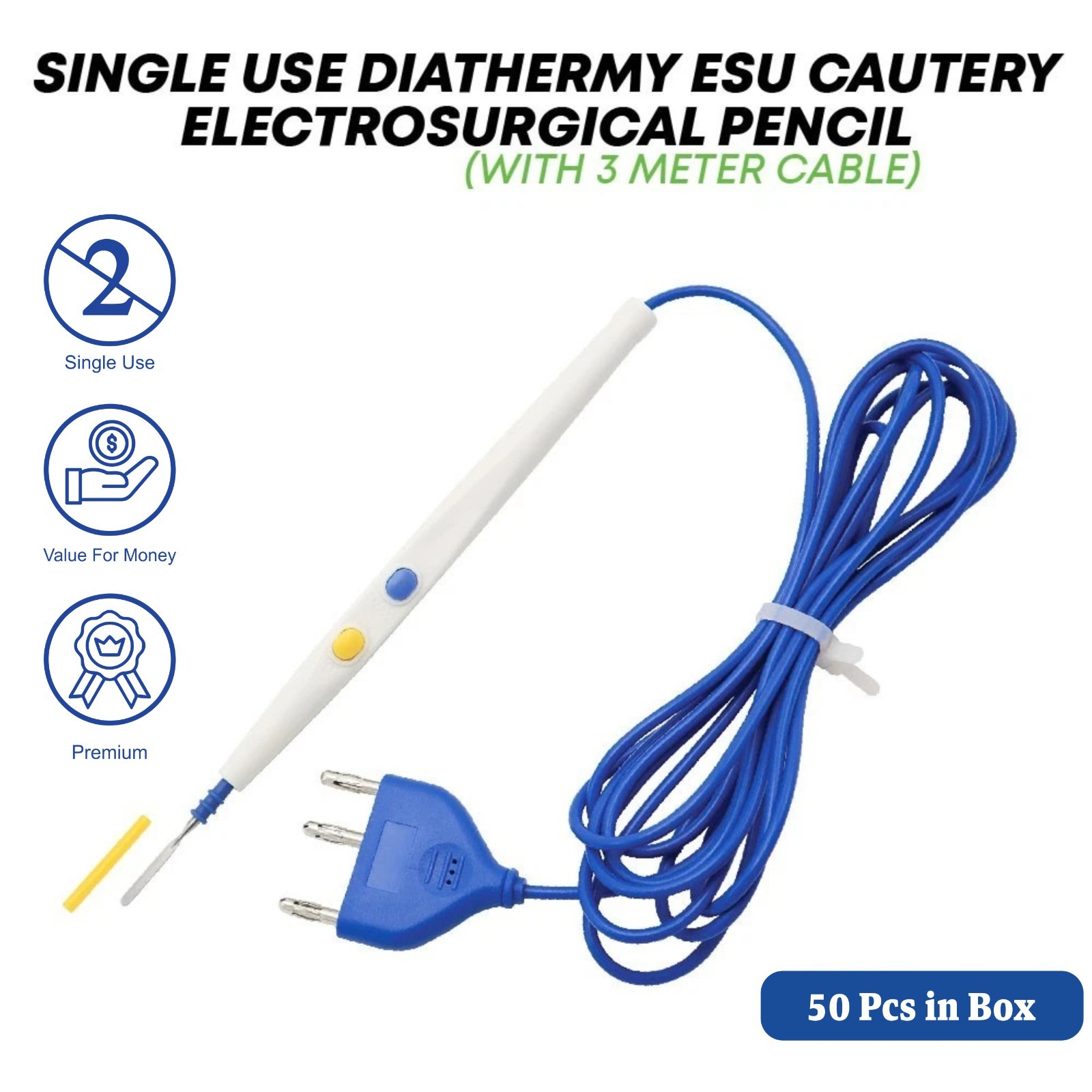 Diathermy ESU Cautery Electrosurgical Pencil with Blade Electrode Box of 50 Pcs