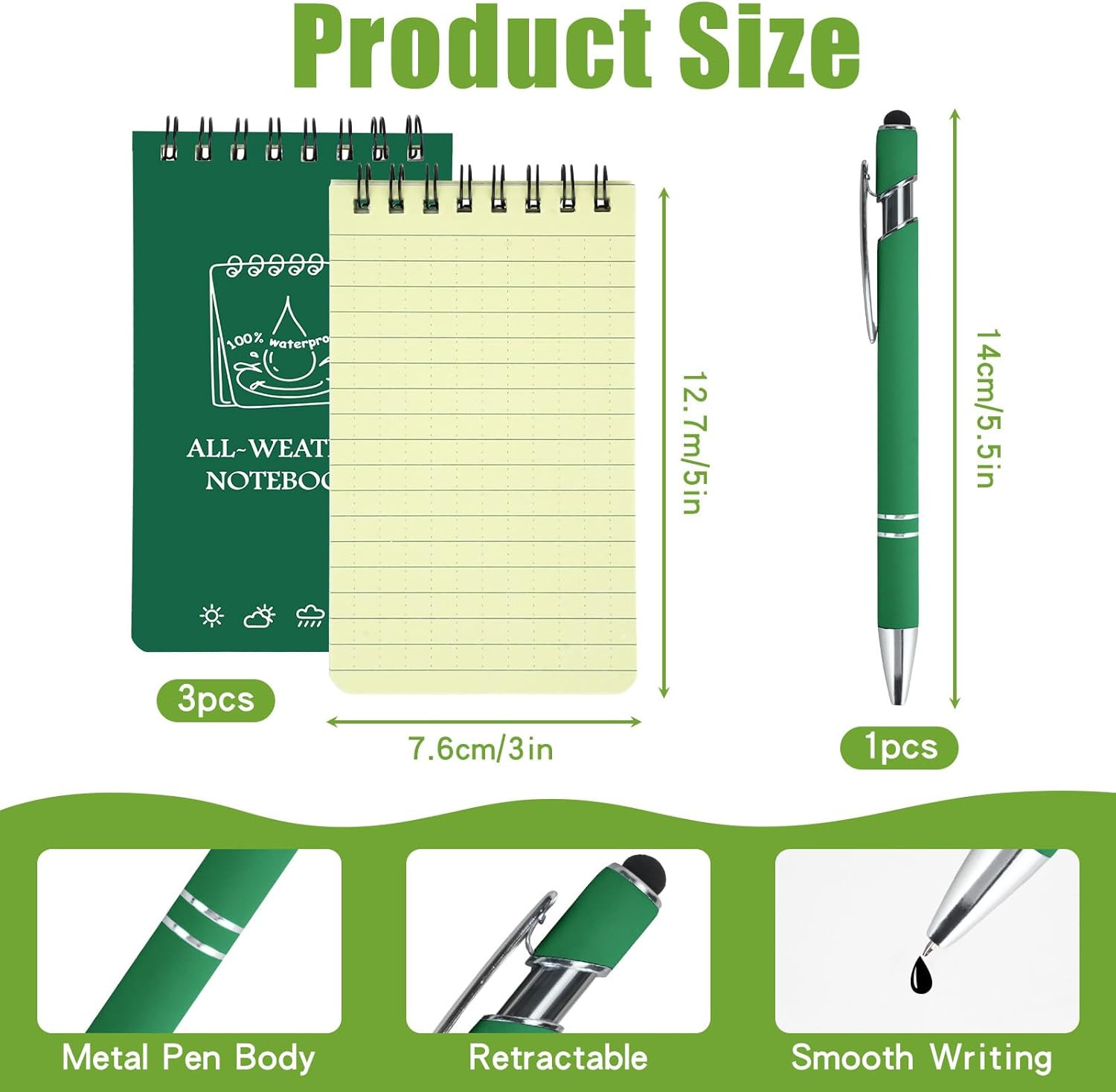 Waterproof Pocket Notebooks with Pens, 3X5 Mini Notepad All Weather Top-Spiral M