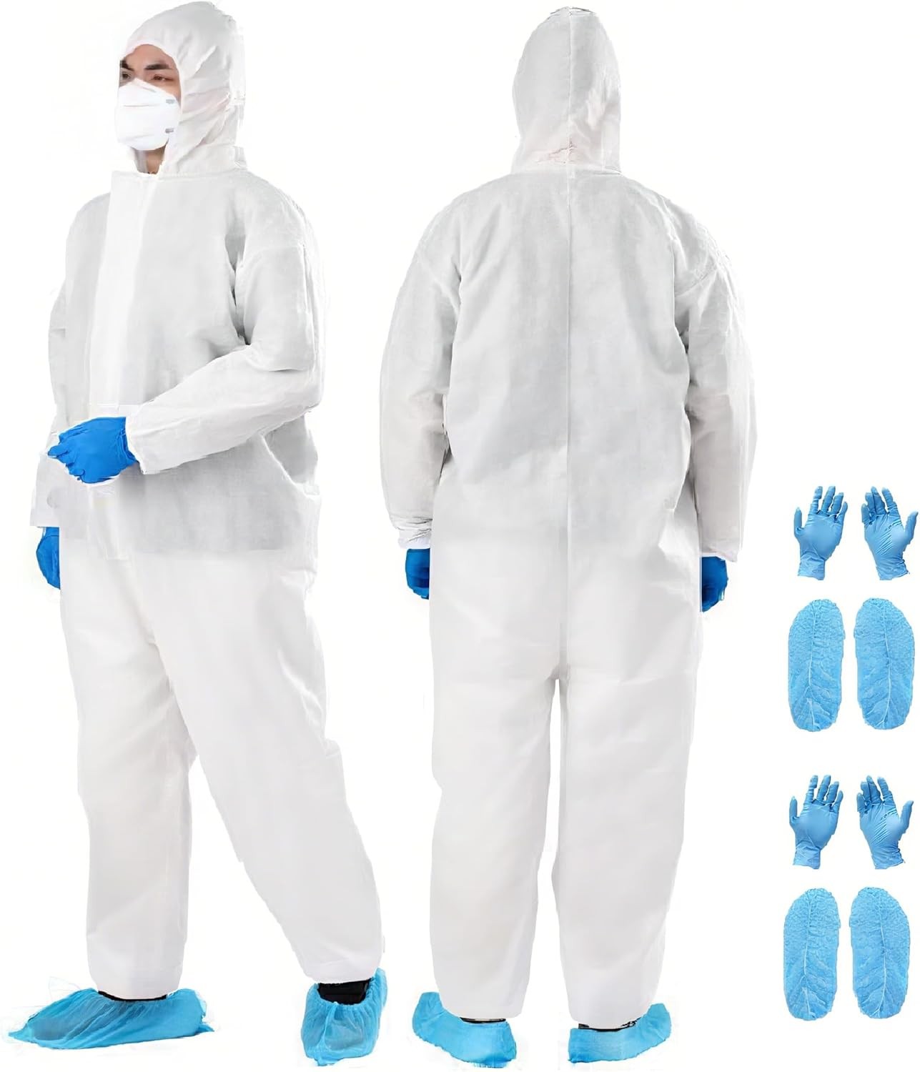 2 Sets Hazmat Suits, disposable coveralls with Hood with Shoe Covers and Gloves