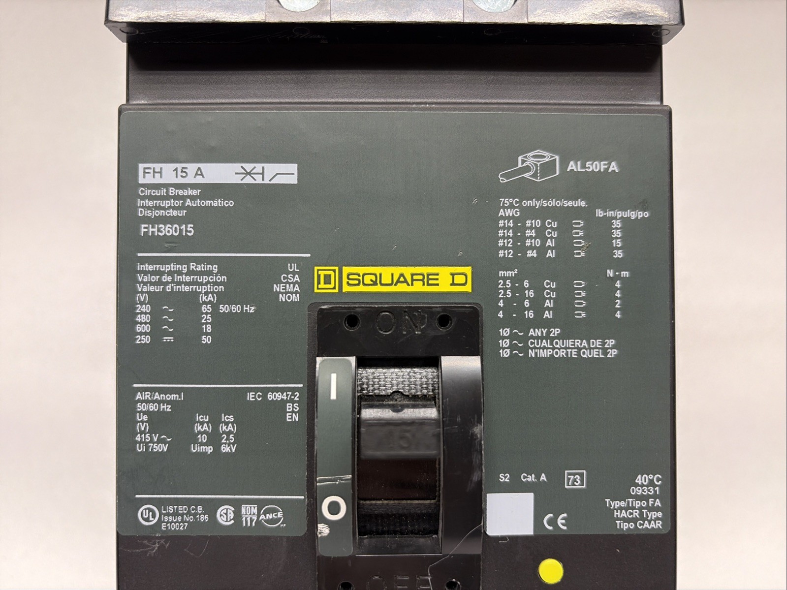 Square D FH36015 3P 600V 15A I-Line Circuit Breaker