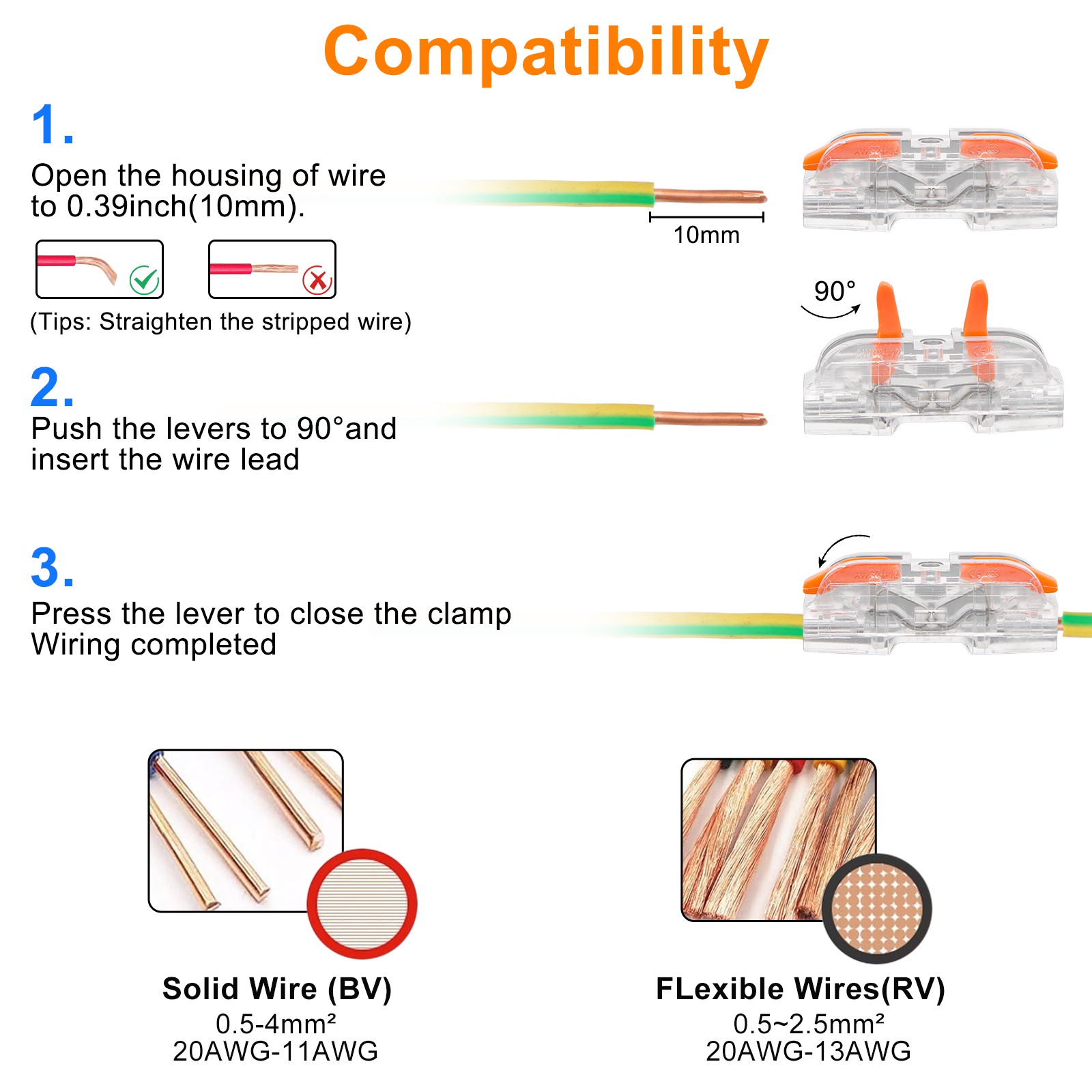 60PCS 1-in 1-out Snap-On Wire Connector Kit Wiring Compact 32A 250V for Lighting