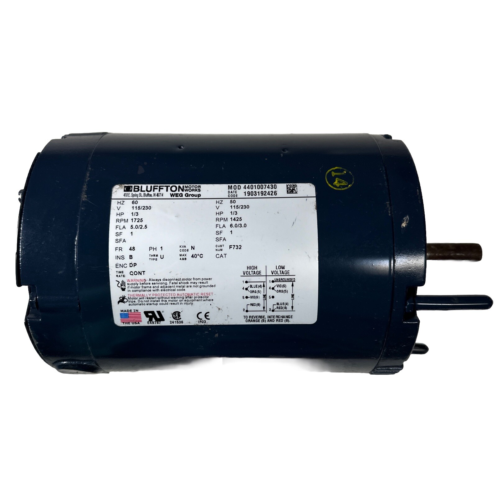 New BLUFFTON 4401007430 AC MOTOR 1/3HP 115/230V 60Hz 1PH 1725RPM FR:48