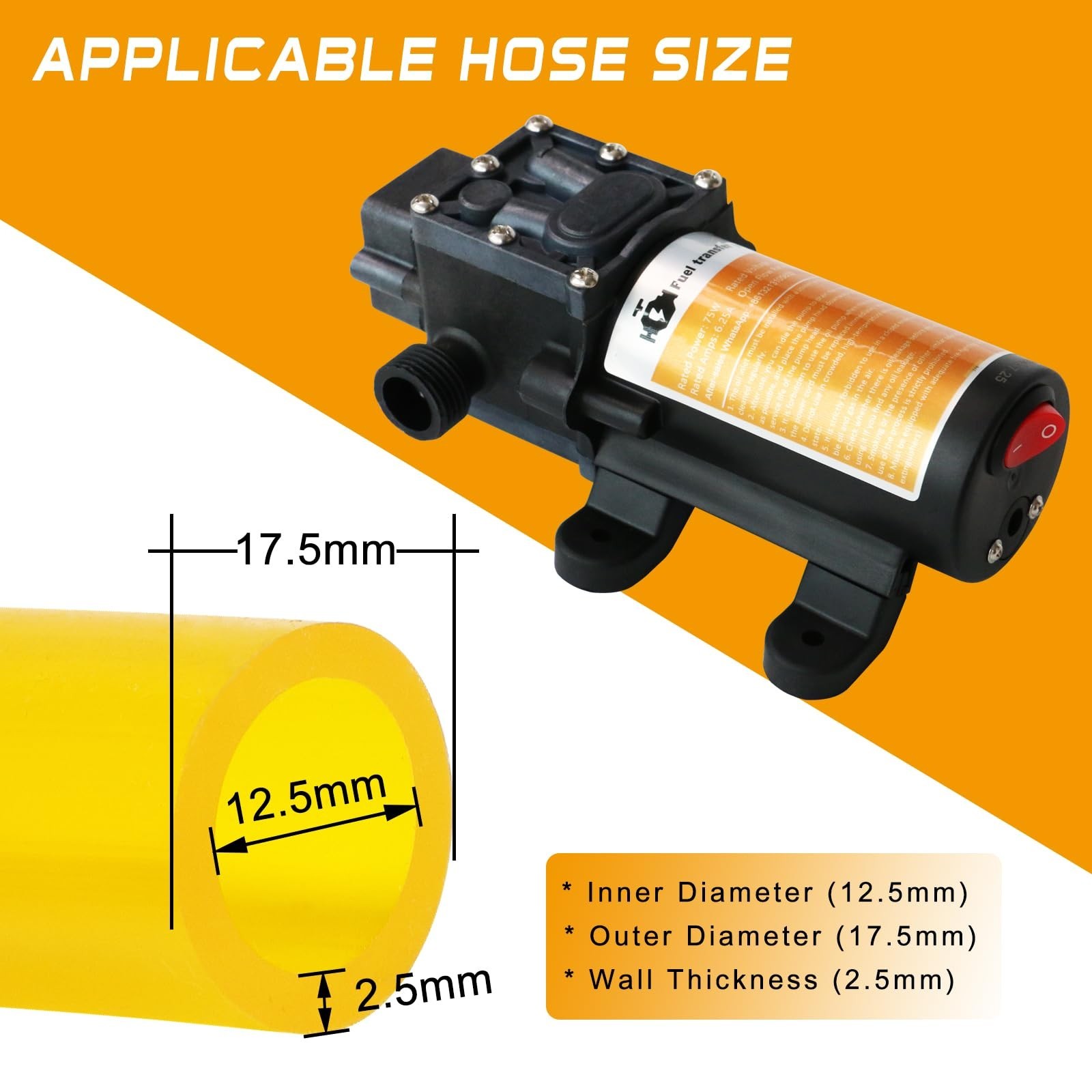 12V 75W Gas & Diesel Fuel Transfer Pump Kit, 110GPH, Includes Fuel Pipe & Cables