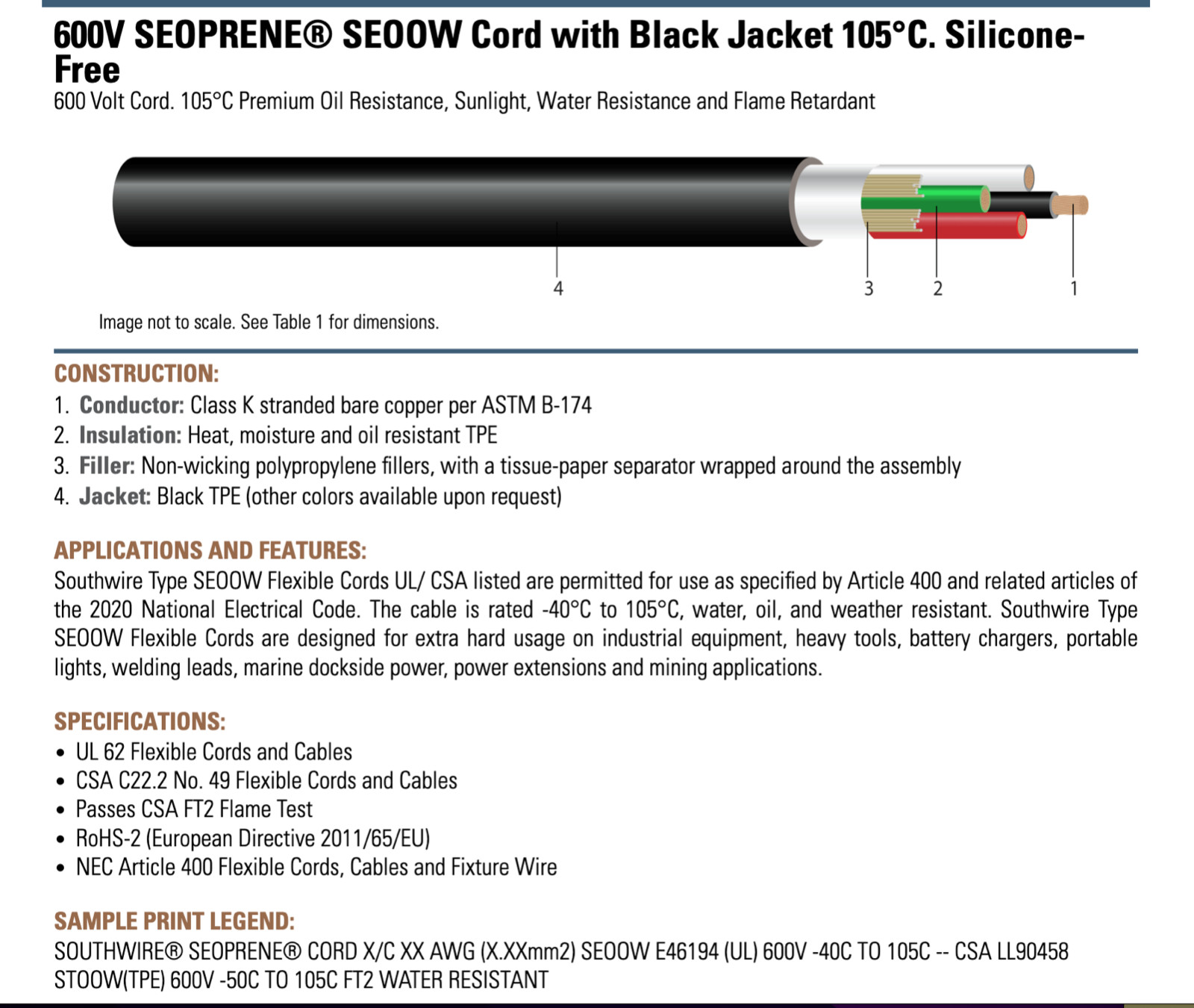 Southwire SEOOW 12/3 600v 15ft section 55039599