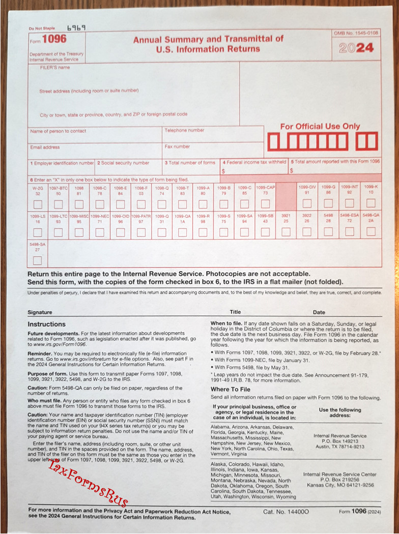 10-pack – 2024 Tax Form 1096 Annual Transmittals ONLY (for mailing 1099s to IRS)