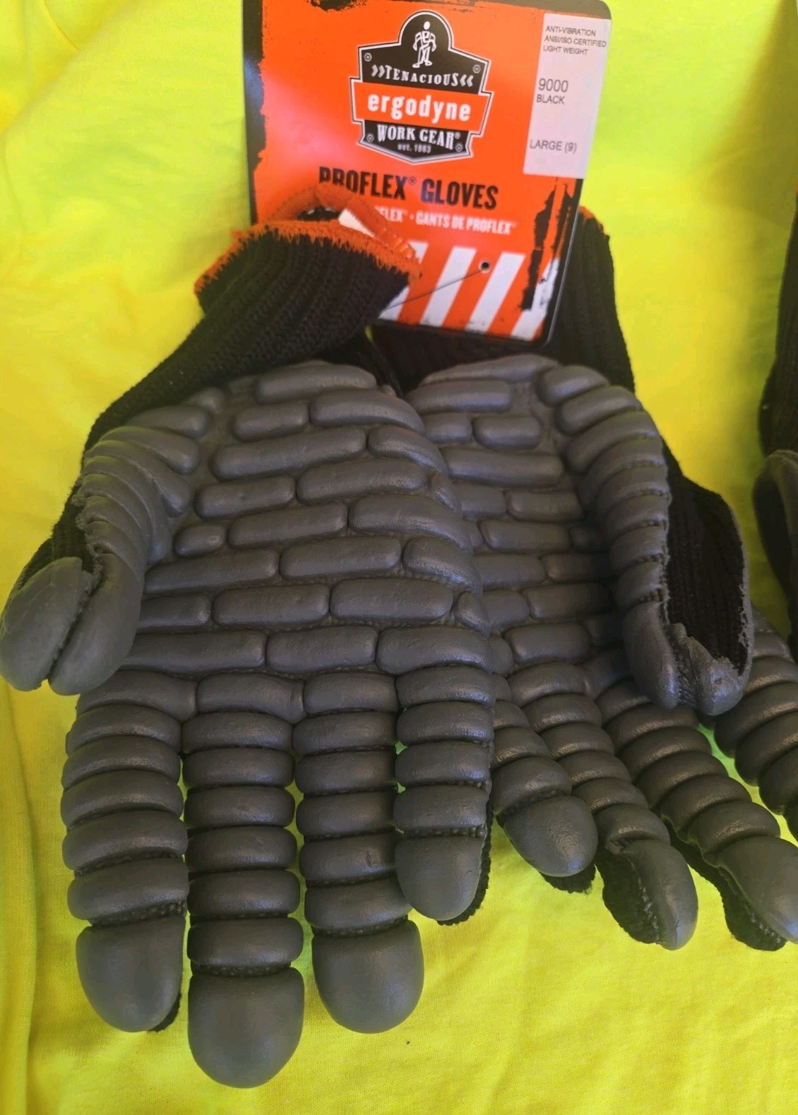 2 NEW PAIRS ERGODYNE PROFLEX ANTI-VIBRATIONS GLOVES #9000 LARGE BLACK & GRAY