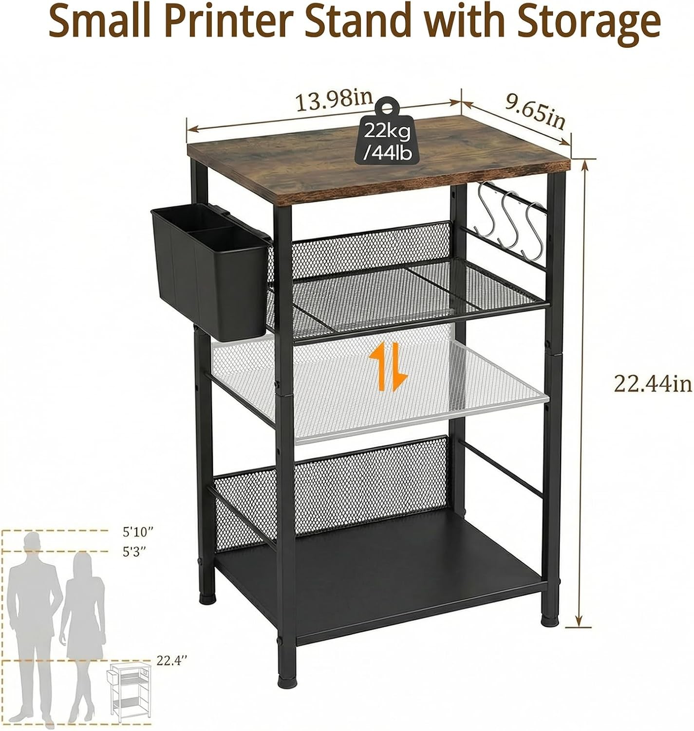 Adjustable 3-Tier Under Desk Printer Stand with Hooks & Basket