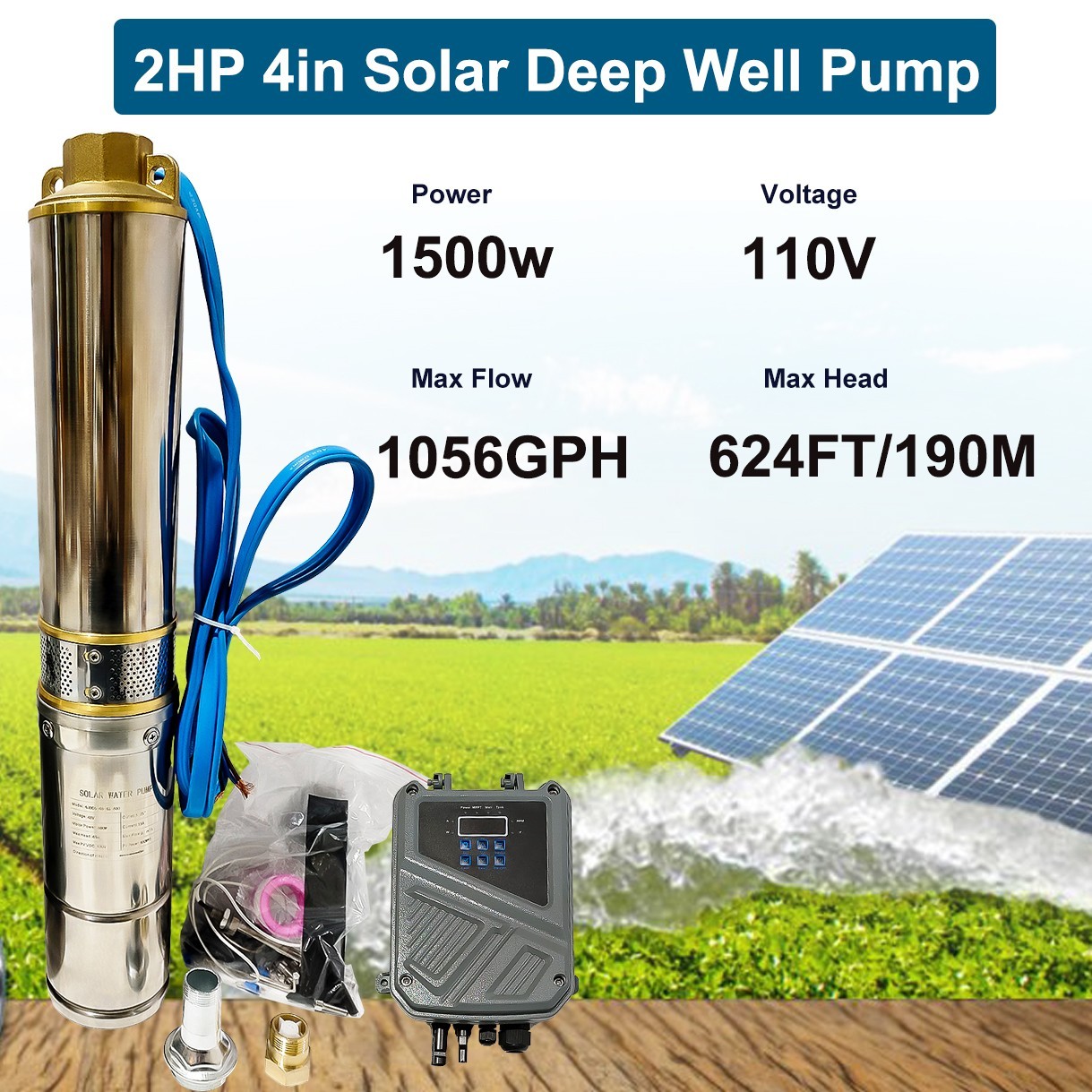 2HP 4″ DC 110V Solar Pump Submersible Pump Bore Deep Well Pump+MPPT Controller