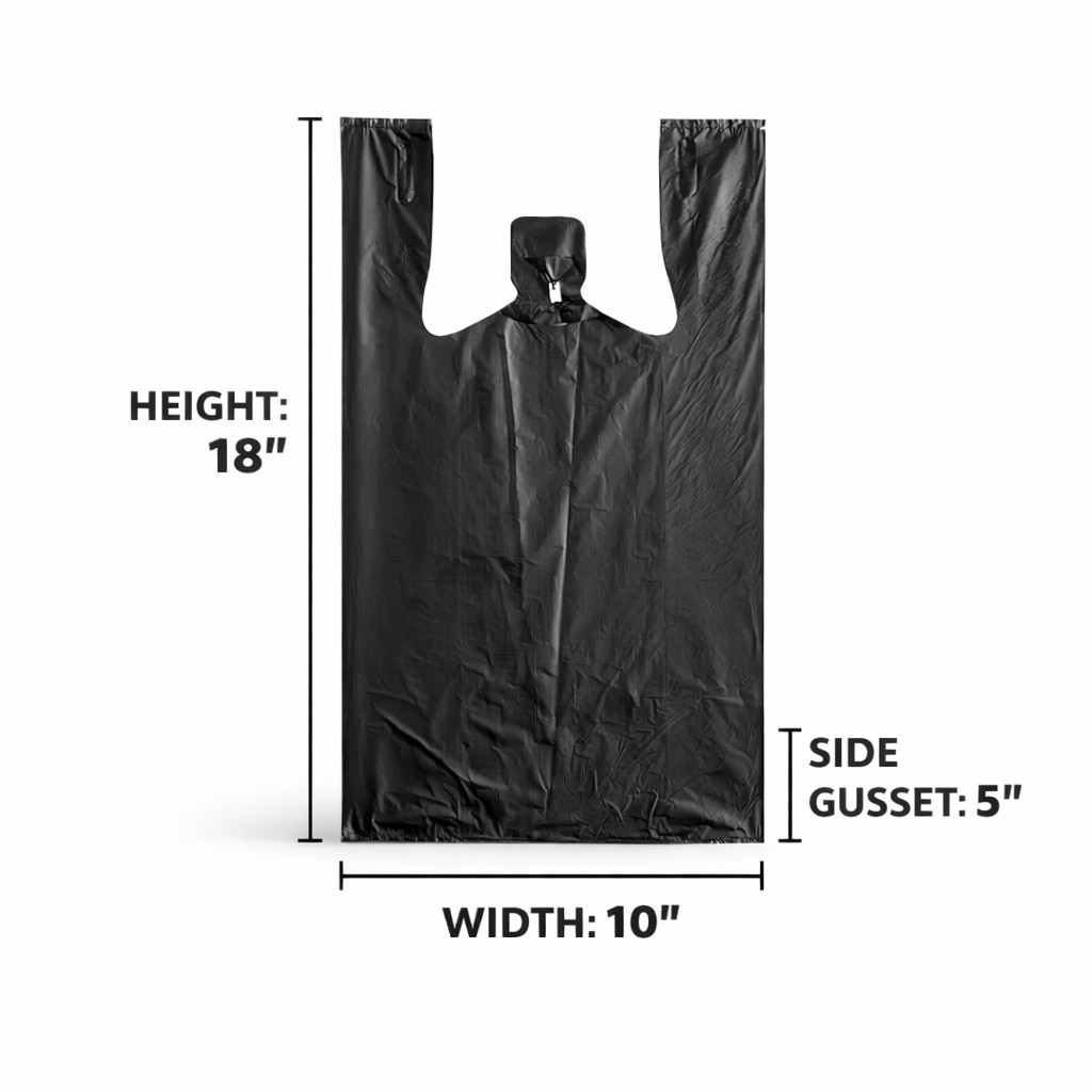 Medium Duty Black Plastic T-Shirt Bags 10x5x18 0.63 Mil Grocery Carryout Bags
