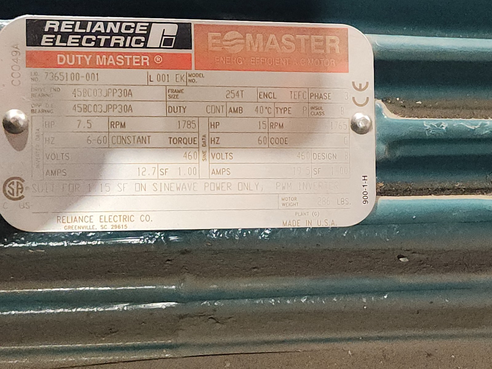NEW NO BOX RELIANCE ELECTRIC MOTOR HP 7.5, RPM 1785, PH 3, FR 254T, 7365100-001