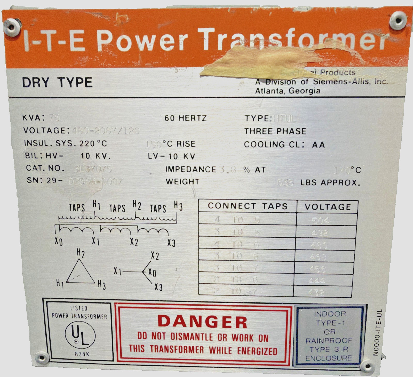 ITE 75kVA 480V Transformer 3PH 60HZ 208Y/120V 3F3Y075 🟦