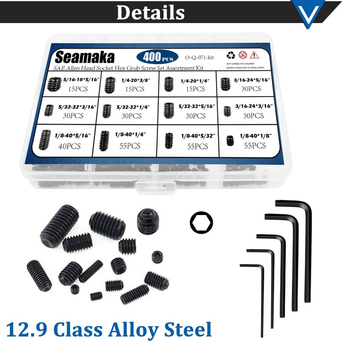 400Pcs SAE Set Screws Assortment Kit with Allen Keys,12 Size 12.9 Class Alloy St