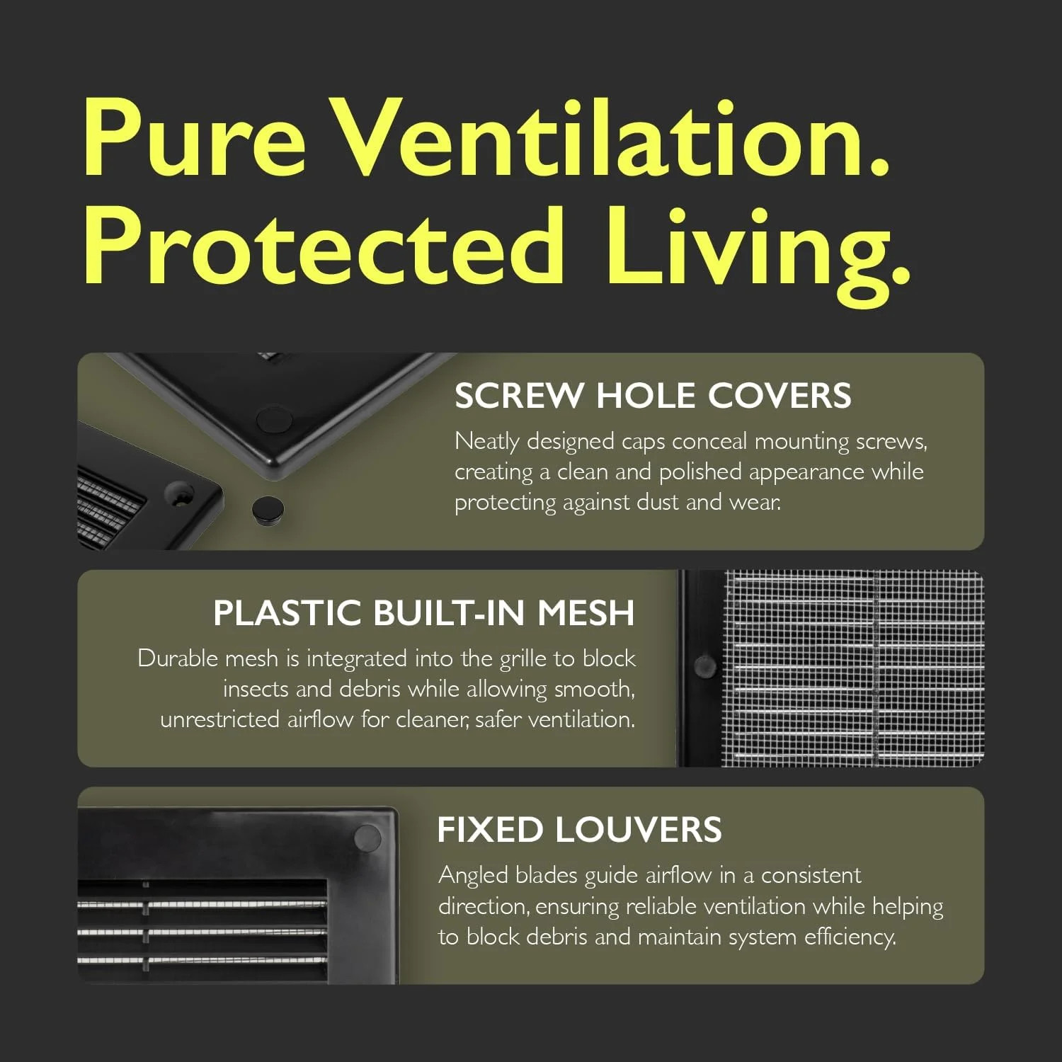 6 x 6 Inch [Frame Dimensions] Black Air Vent Cover – Plastic Square Air Vent Gri