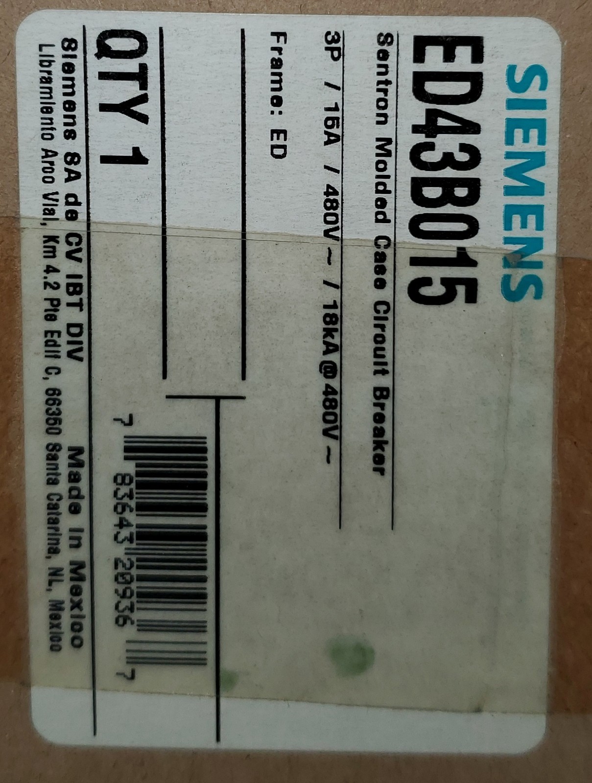 Siemens SENTRON 600V~ Max. 15A 3-Pole Circuit Breaker ED43B015 NEW-OLD STOCK