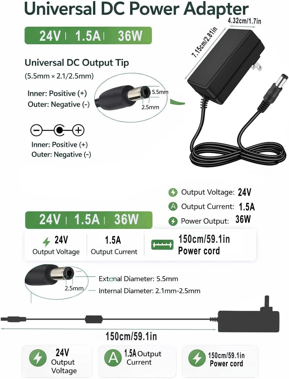 24V 1.5A Power Supply AC Adapter, 100-240V 50-60Hz to DC 24V 1.5A Switching C…