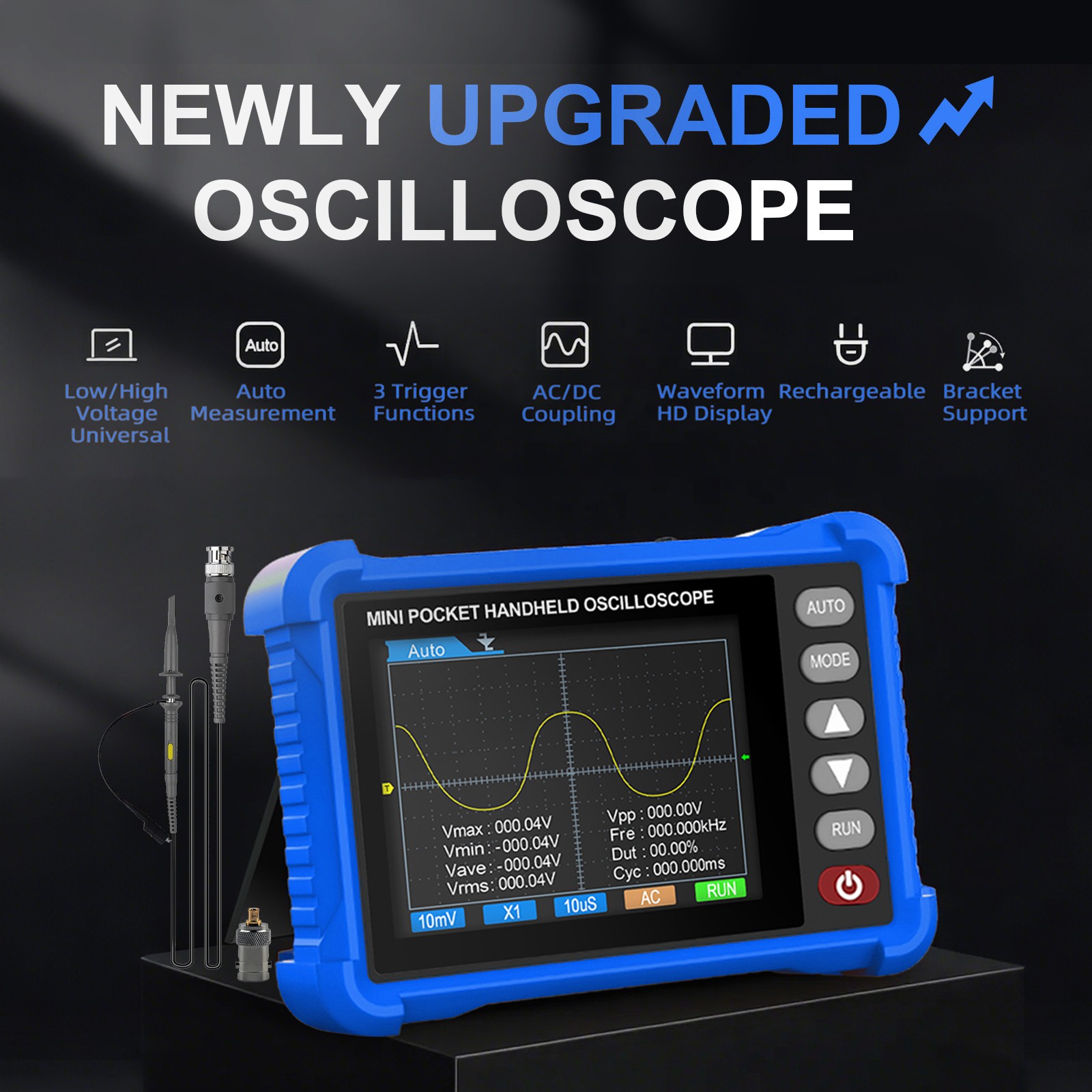 Mini Oscilloscope Handheld – 500kHz Bandwidth, AUTO Set, Perfect for Electronics