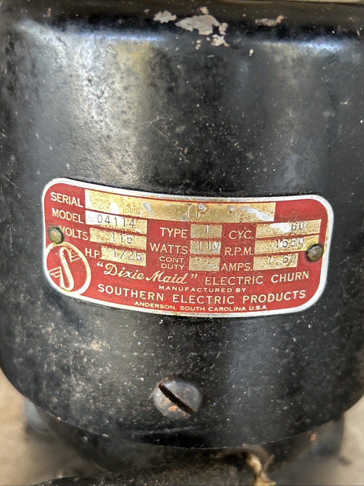 “DIXIE MAID” Electric Churn Motor(ONLY) Southern Electric Products. WORKS!
