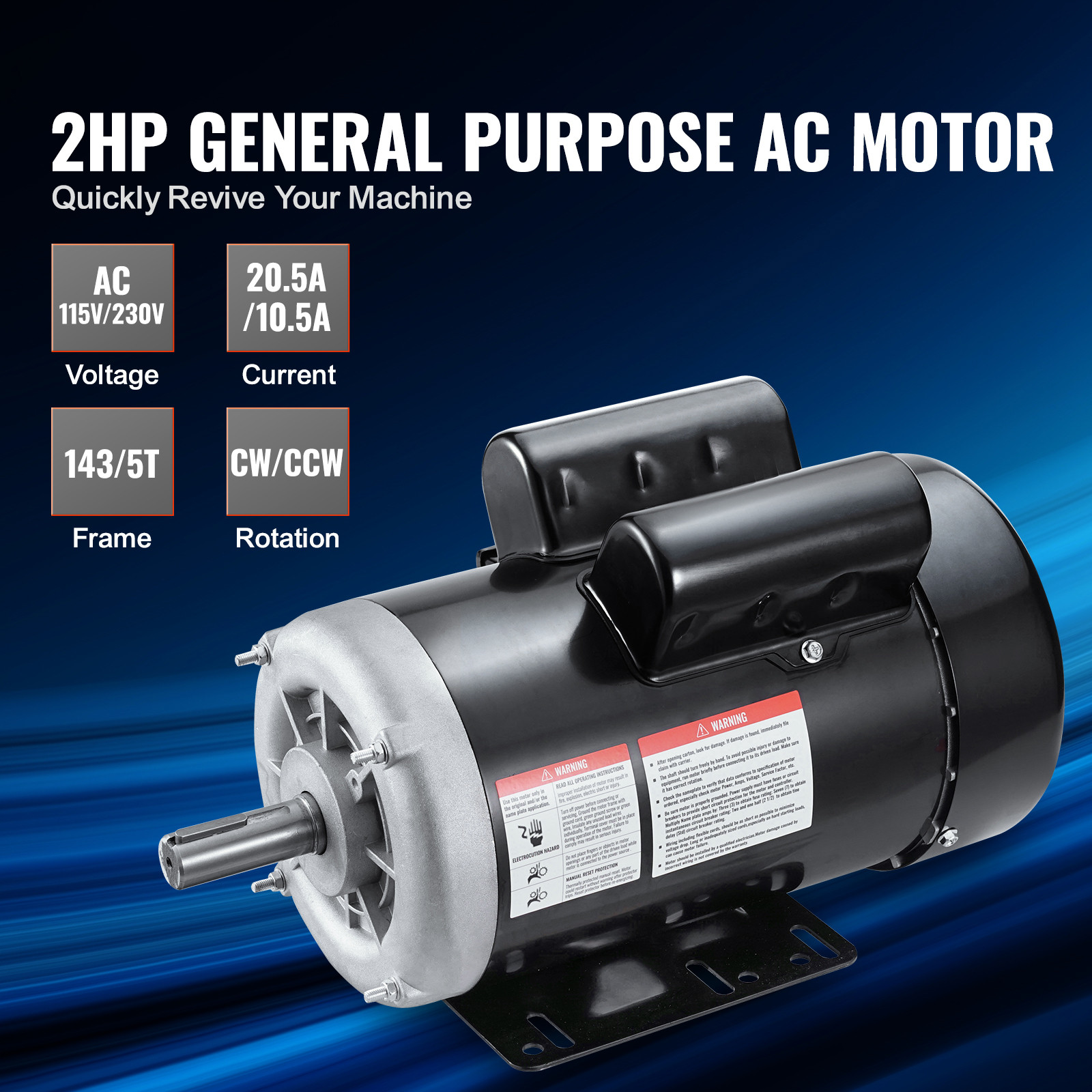 VEVOR 2HP Electric Motor 1725RPM AC115/230V 143/5T Frame 1-Phase 7/8″ Key Shaft