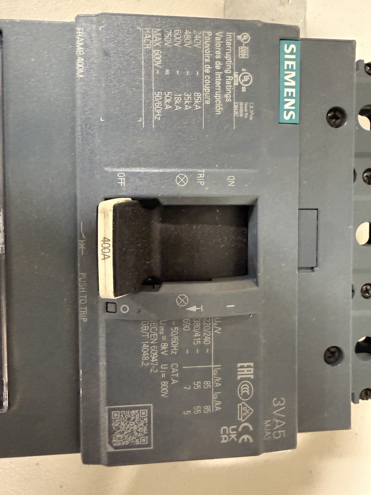 Siemens 3VA53 MBKVAM3400A Main Breaker Kit 400A 480V 3-Pole 3-Ph