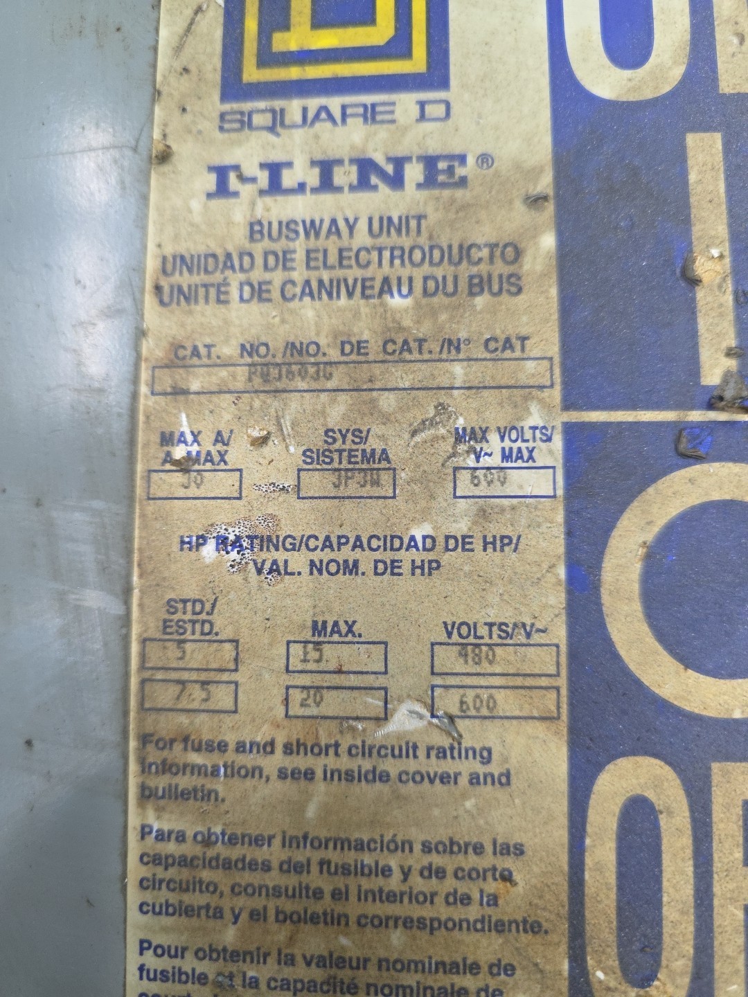 Square D PQ3603G 30A 600V 3 Pole 3W Fusible FUSED Bus Plug NEW OLD STOCK