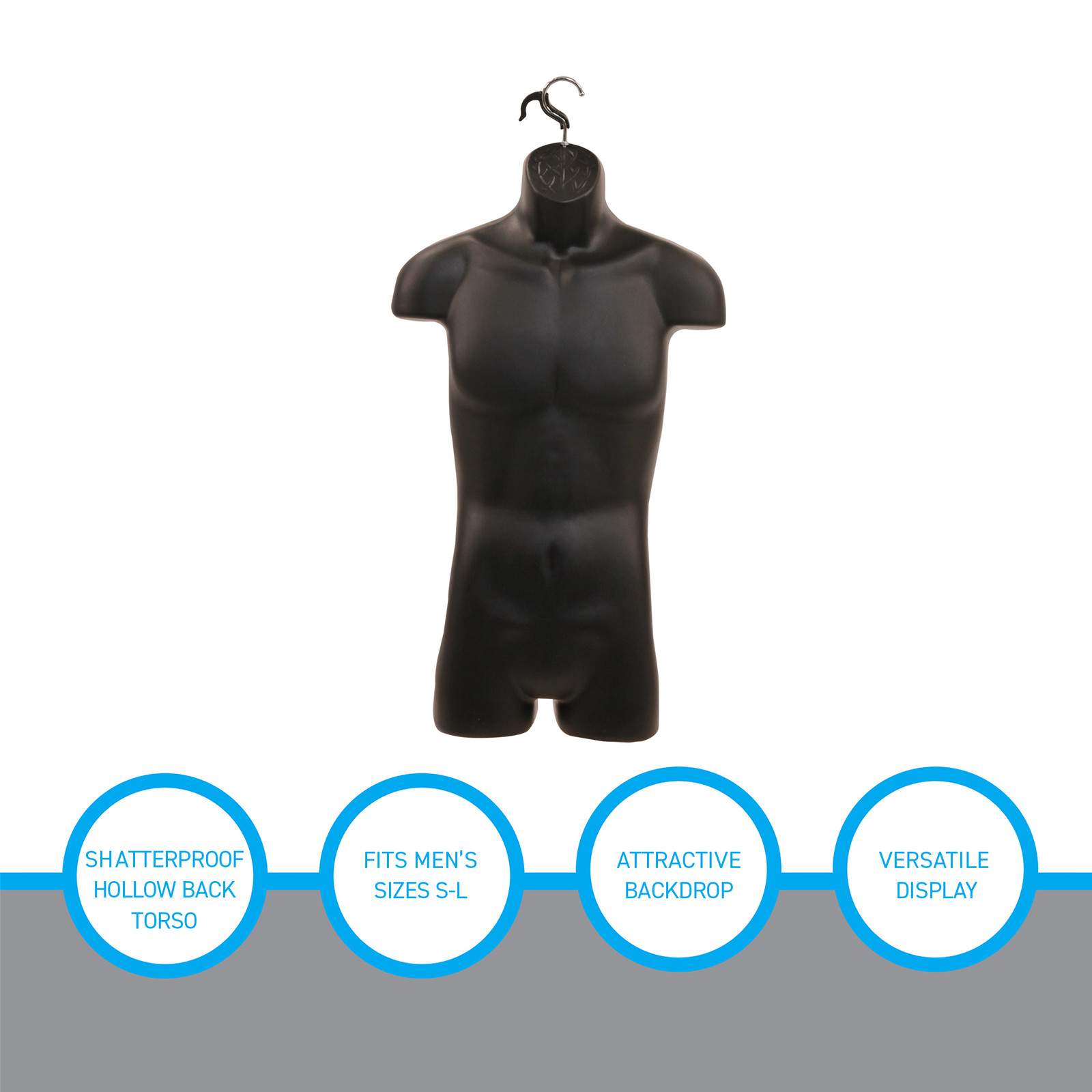 Male Molded Black Hollowback Torso Form – Fits Men’s Sizes S-L