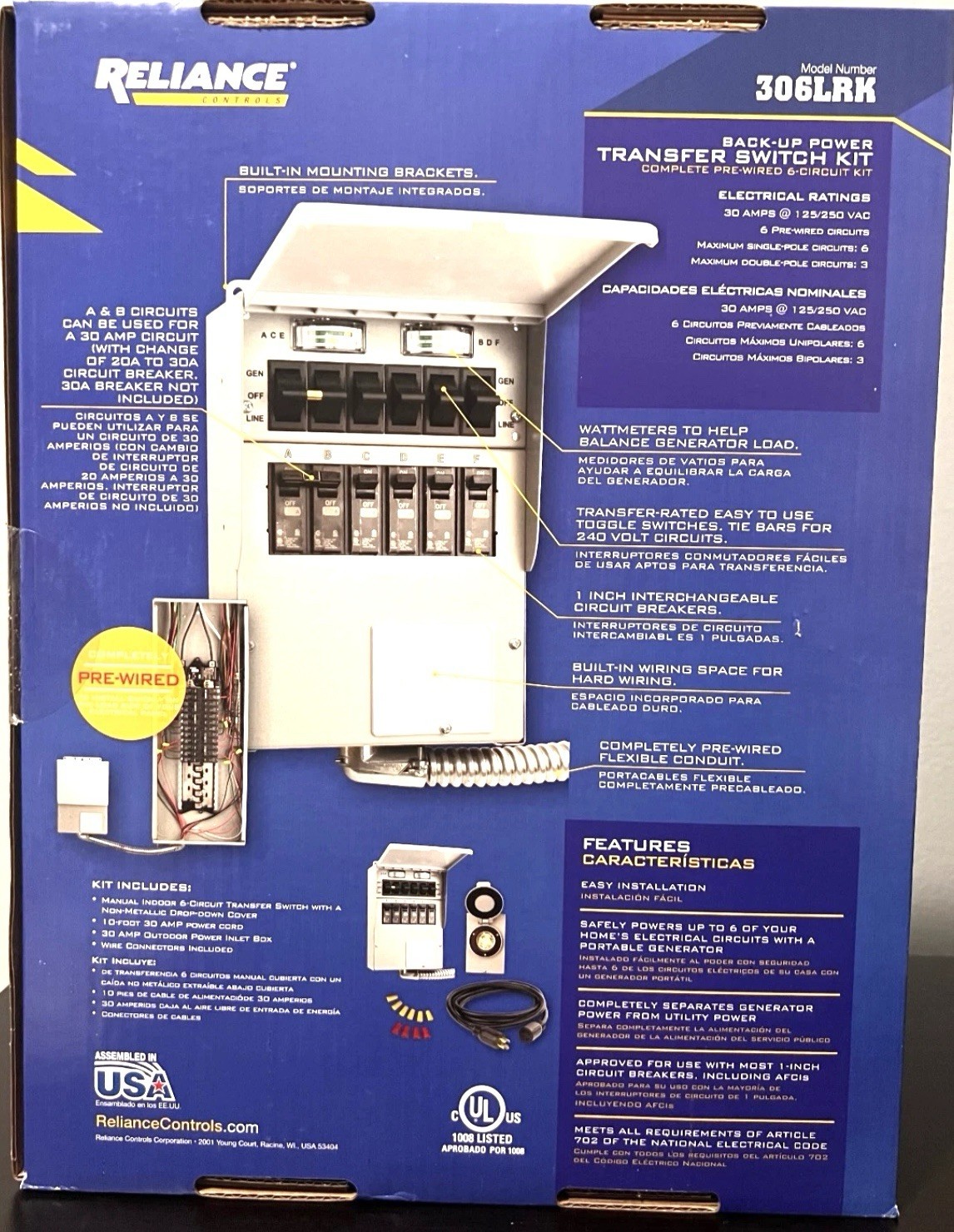 Reliance 306LRK 30Amp BackUp Power Manual Transfer Switch PreWired 6 Circuit Kit