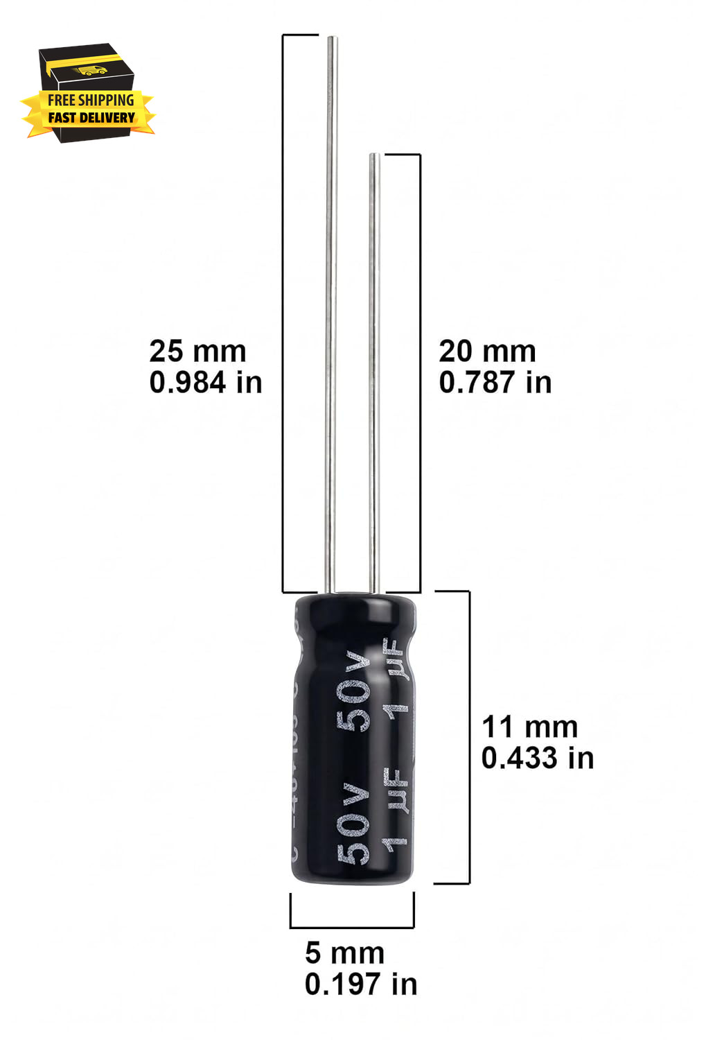 1Uf 50V 5 * 11Mm 20Pcs Electrolytic Capacitor 1 Uf MFD 50 Volt 0.2 * 0.43In Alum