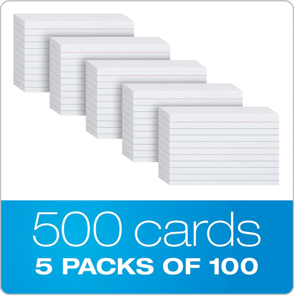 Index Cards, 3 x 5 Inches, White, Lined on Front, Blank on Back 500 Count 5 Pack