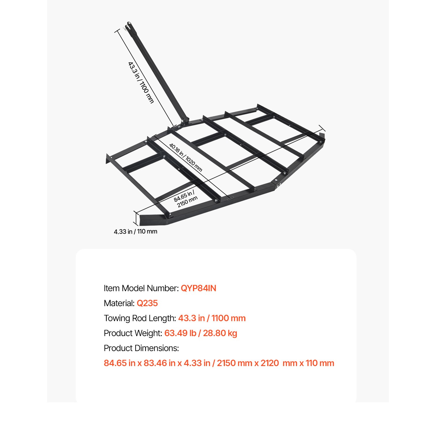 Drag Harrow 84″ Width Tow Behind Drag Harrow Steel Gravel Grader ATV UTV