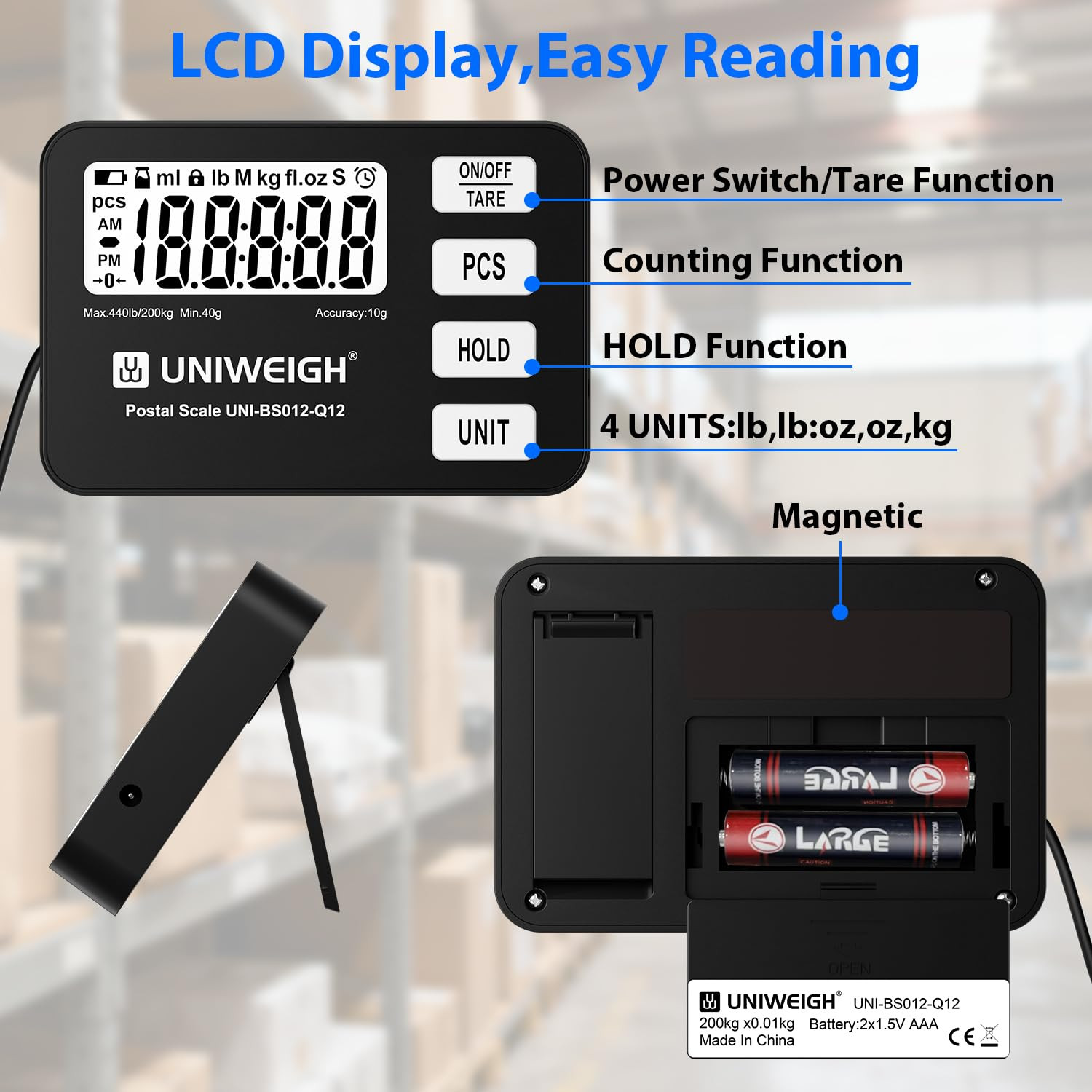 Shipping Scale 440Lb/0.35Oz Accuracy,Digital Postal Scale for Packages with Pcs/