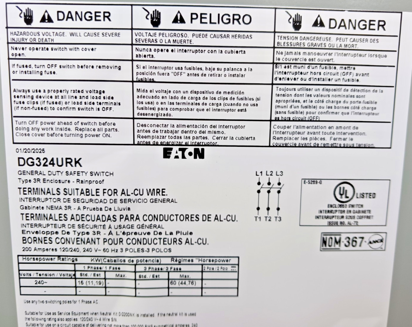 Eaton 200 Amp Non-Fusible Safety Disconnect Switch 3R Outdoor 240 Vac DG324URK