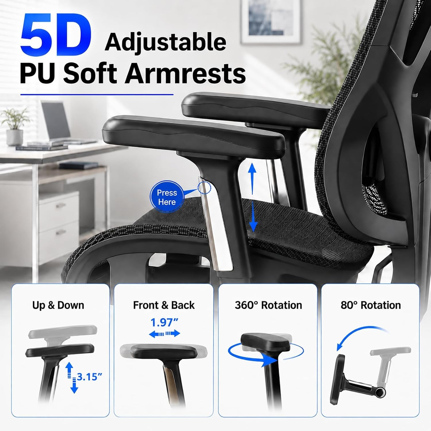 Ergonomic Office Chair, Full Mesh Desk Chair with 5D Armrests, Adjustable Lumbar
