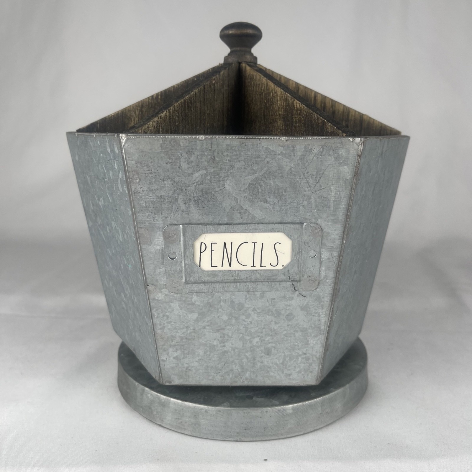 Rae Dunn Galvanized Steel & Wood Metal Rotating Spinning Rustic Desk Organizer