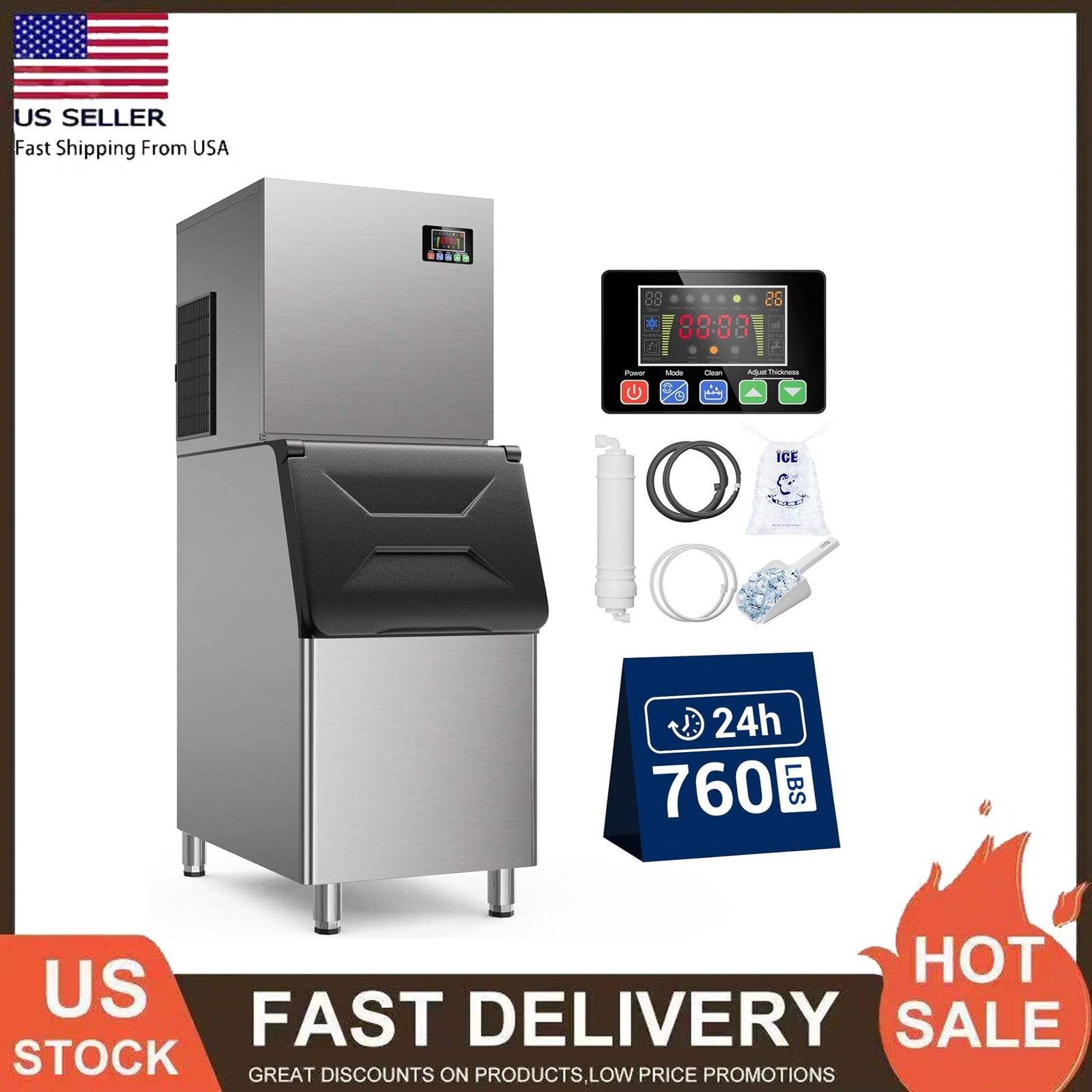 760lbs/24H Commercial Ice Maker Machine Good Compressor with 650lbs Storage Bin