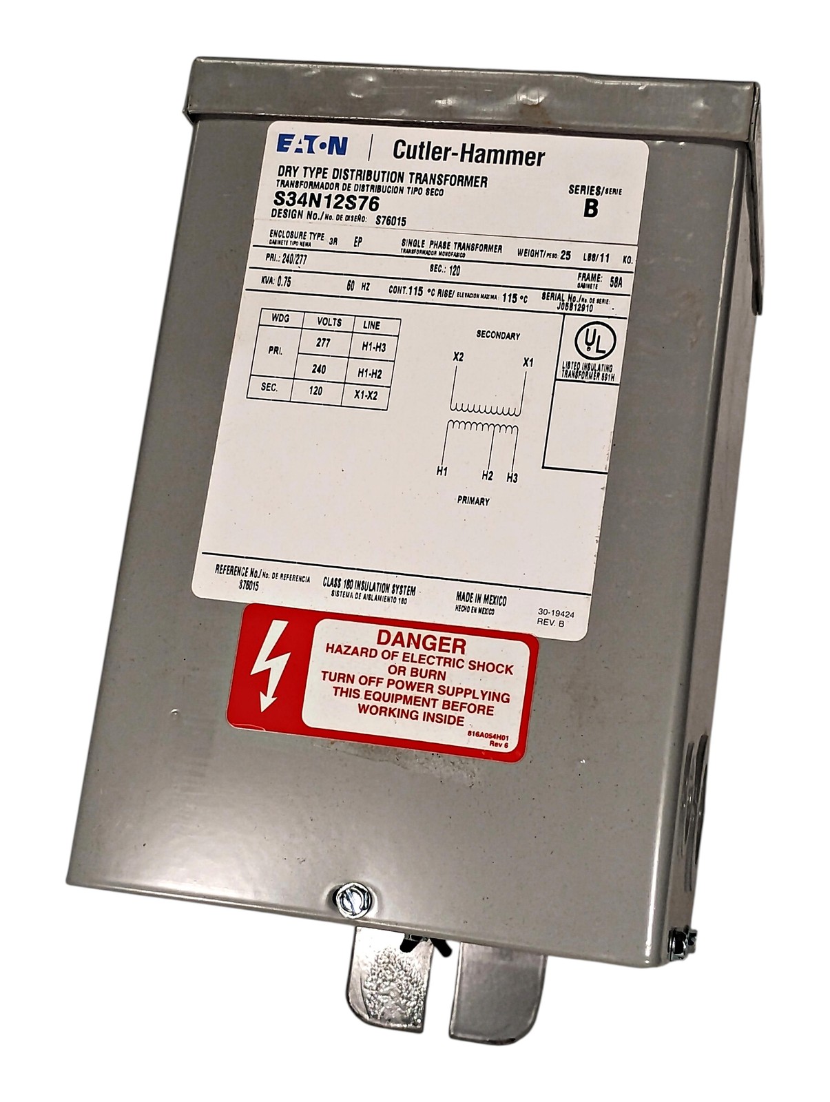 Eaton S34N12S76 Type EP 240/277 VAC Step-Down Transformer w/ 120 VAC Output