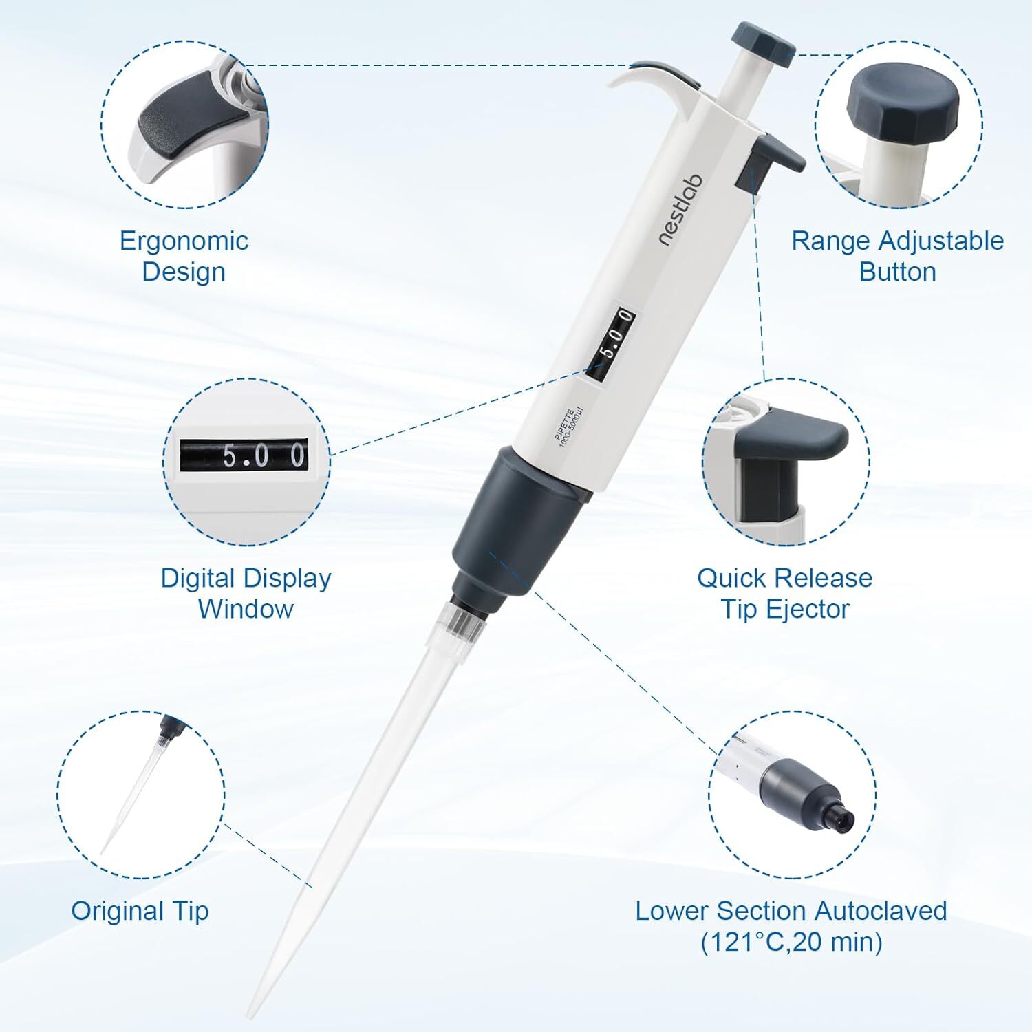 1-10ml Adjustable Volume Pipette Lab Single Channel Micropipette High Precision