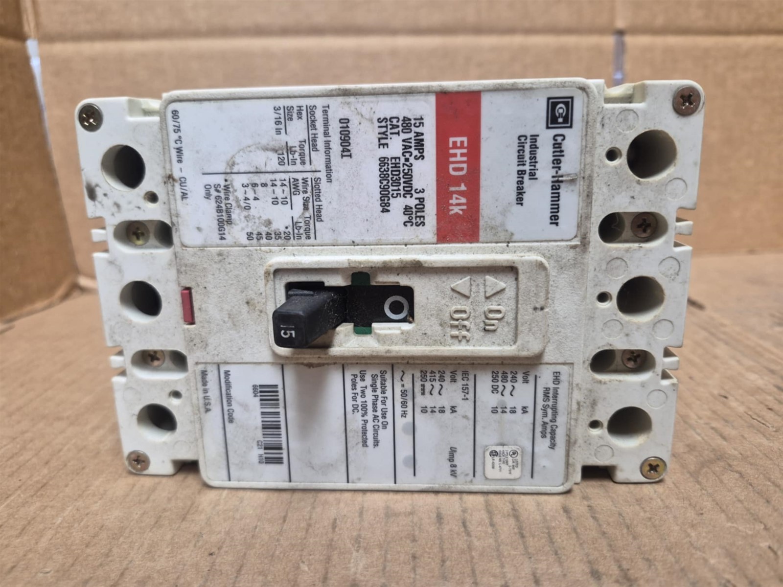Cutler-Hammer 3 Pole 15 Amp Circuit Breaker Part No. EHD3015