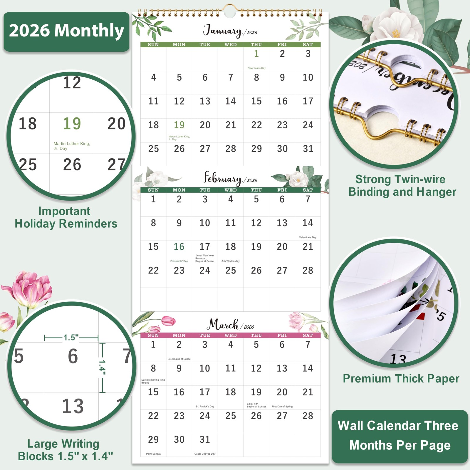 2026 Calendar – 3 Month Display Wall 2026, Jan. 2026 – Dec. green