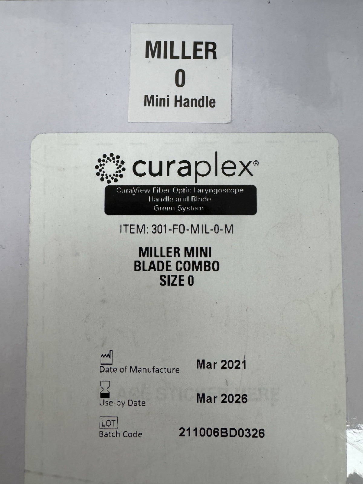 1/Ea Curaplex CuraView Fiber Optic Laryngoscope, Miller Size 0 #301-FO-MIL-0-M