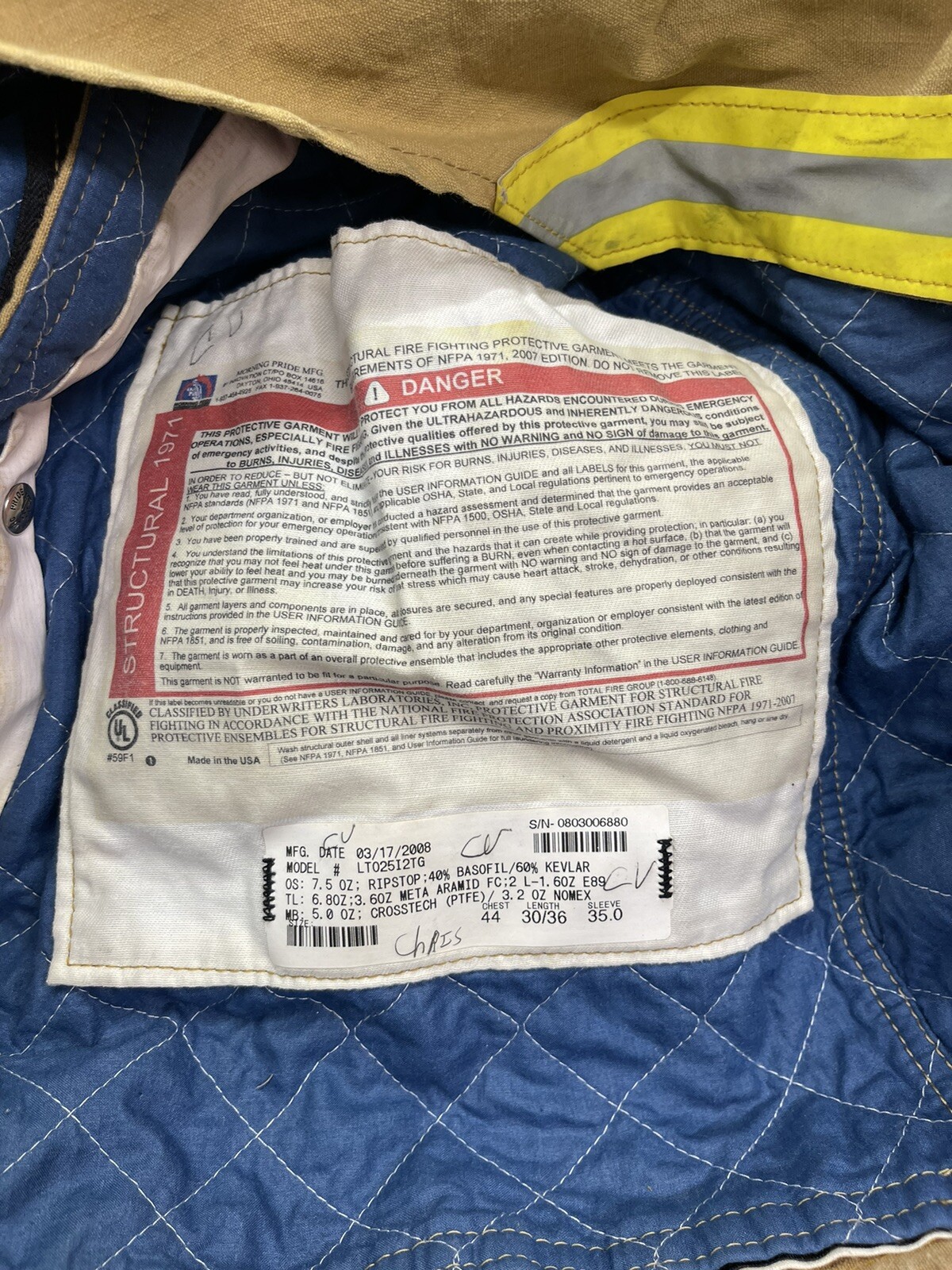 MORNING PRIDE Structural 1971 Jacket Turnout Bunker Gear Coat 44 x 30/36 x 35.0