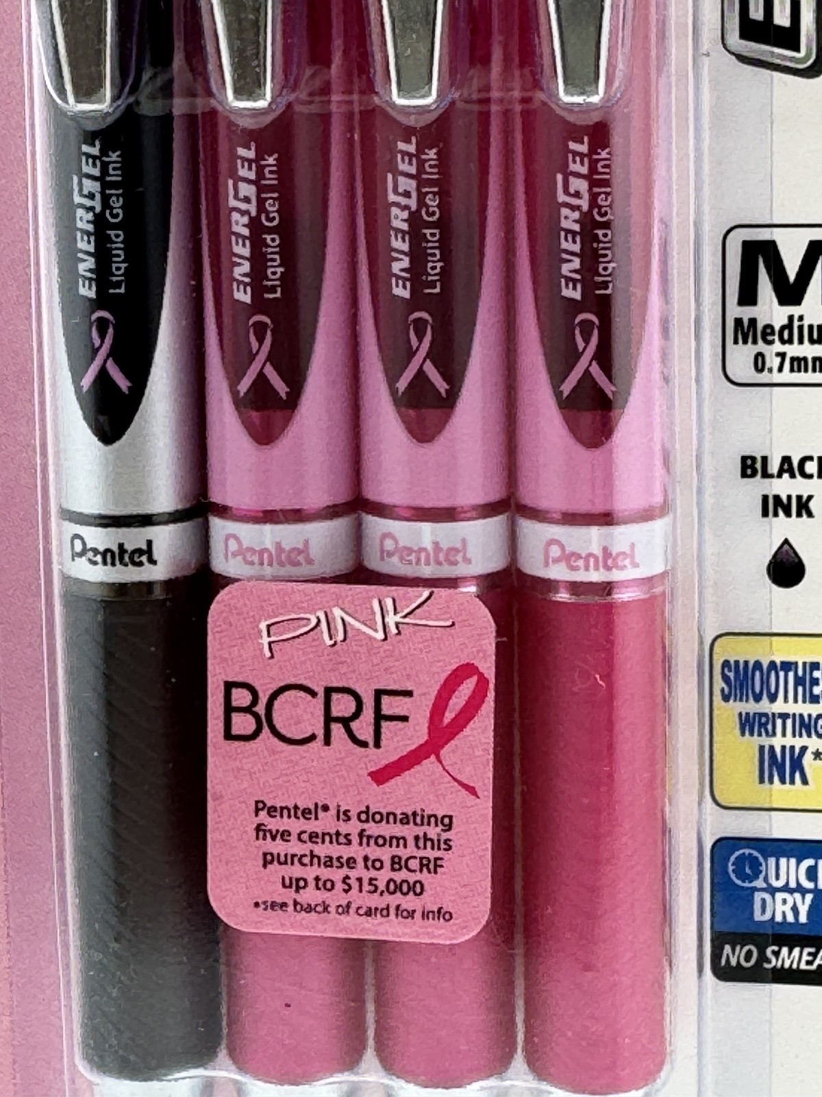 4 Pentel EnerGel RTX Gel Pens MEDIUM 0.7mm BLACK Ink LIQUID BCRF PEN CANCER PINK